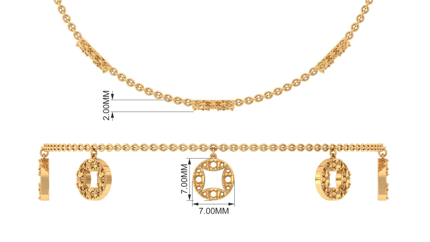 Gold necklace with letter pendants and measurements on a white background