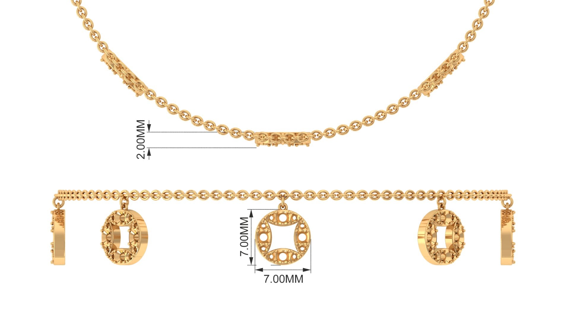 Gold necklace with letter pendants and measurements on a white background