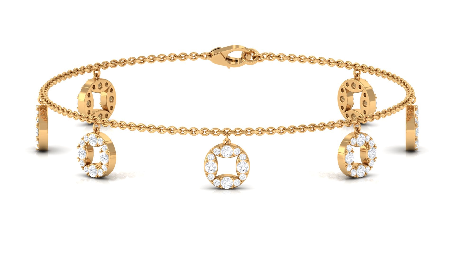 Gold bracelet with circular charms on a white background