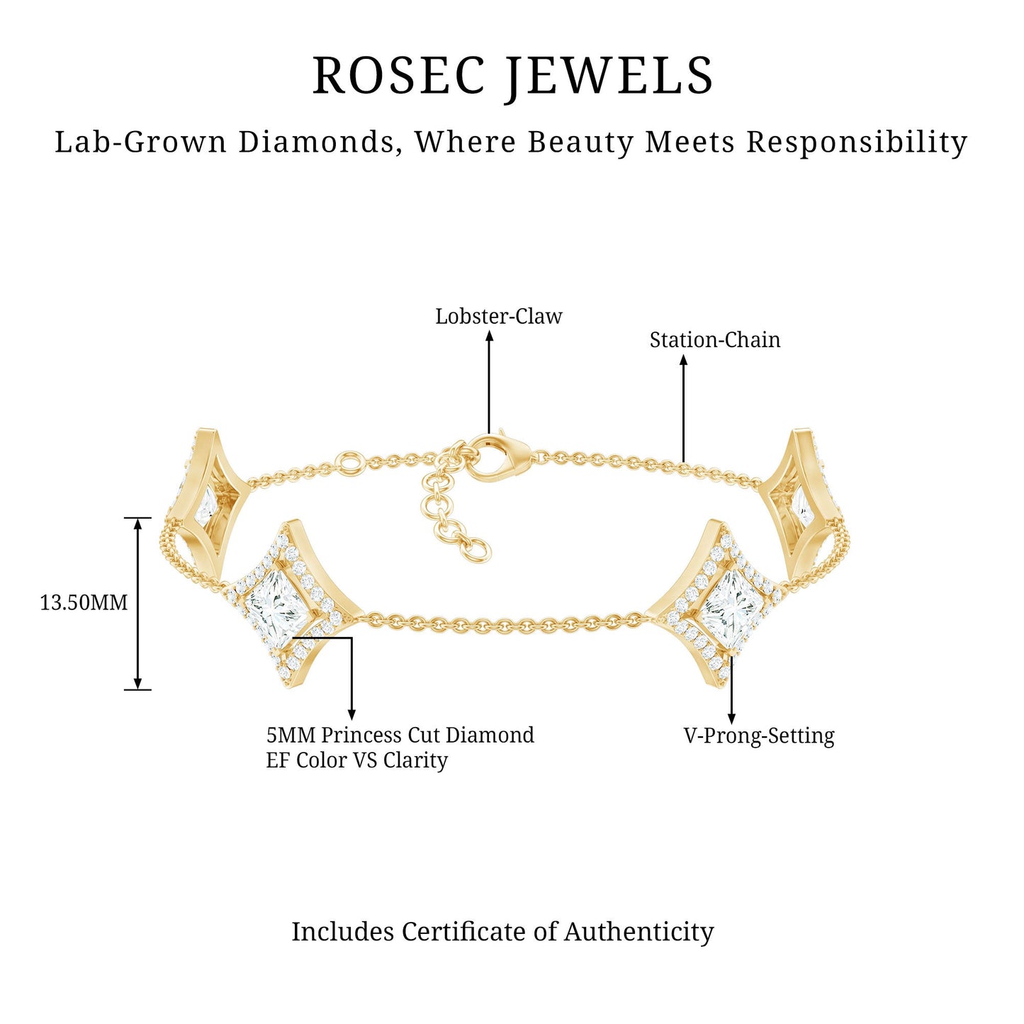 Certified Princess Cut Lab Grown Diamond Bridal Bracelet