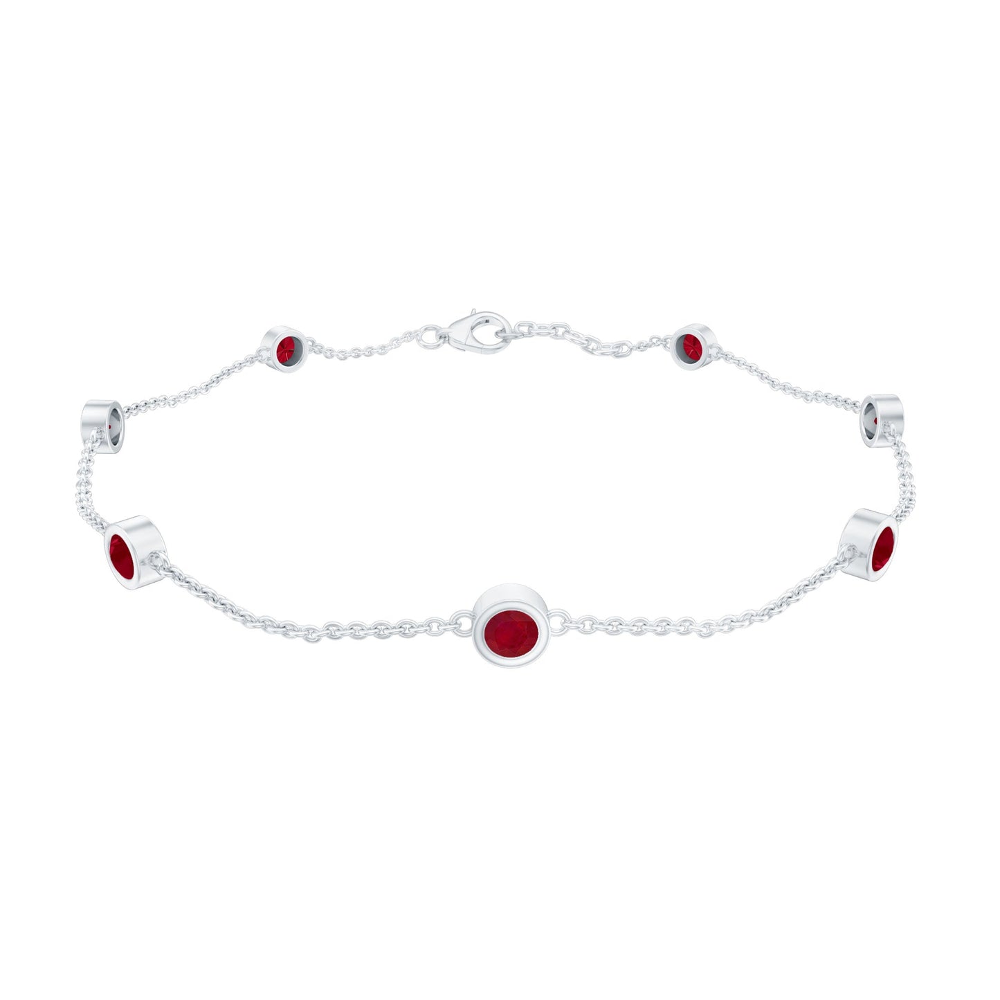 Silver bracelet with red gemstones on a white background