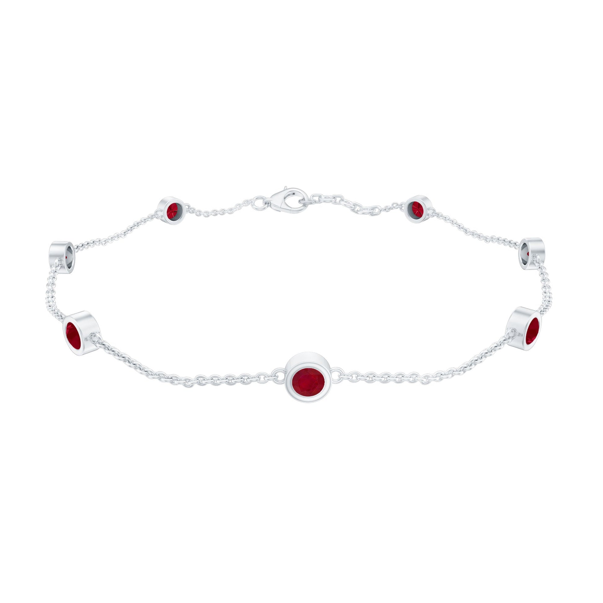Silver bracelet with red gemstones on a white background