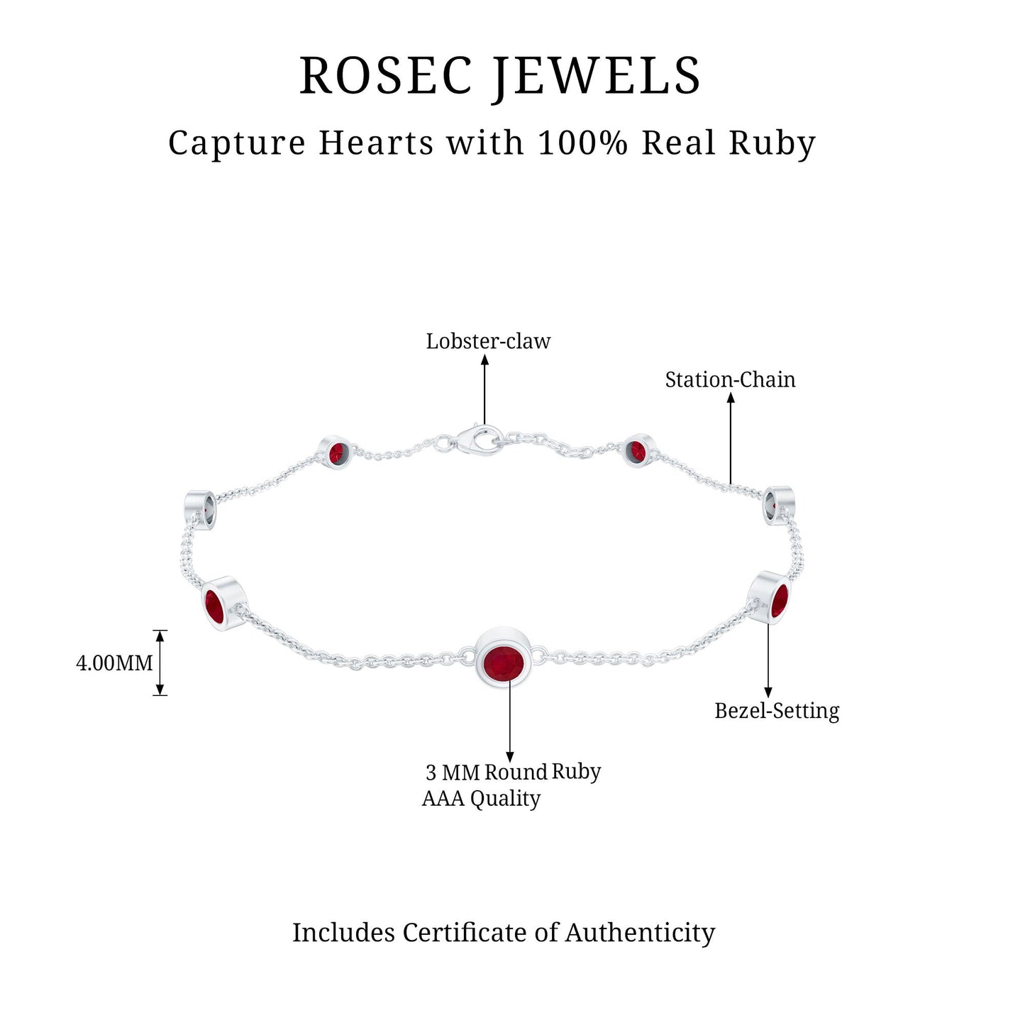 Rosec Jewels bracelet with ruby stones and technical details on a white background