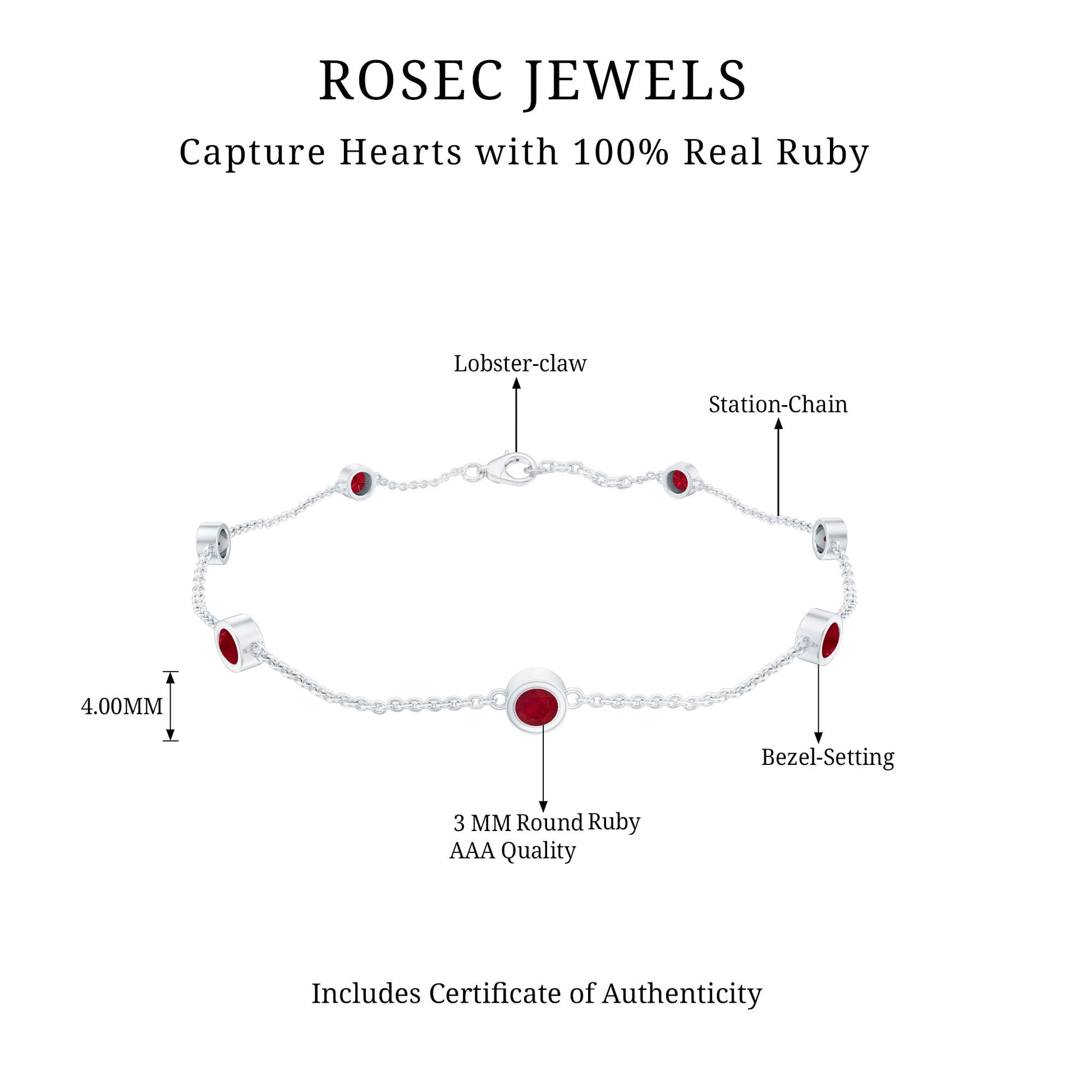 Rosec Jewels bracelet with ruby stones and technical details on a white background