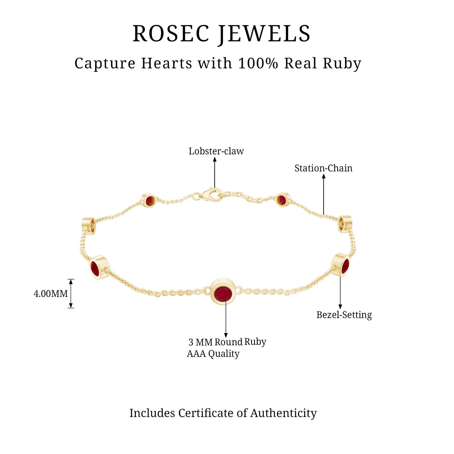 Rosec Jewels bracelet with ruby stones on a white background