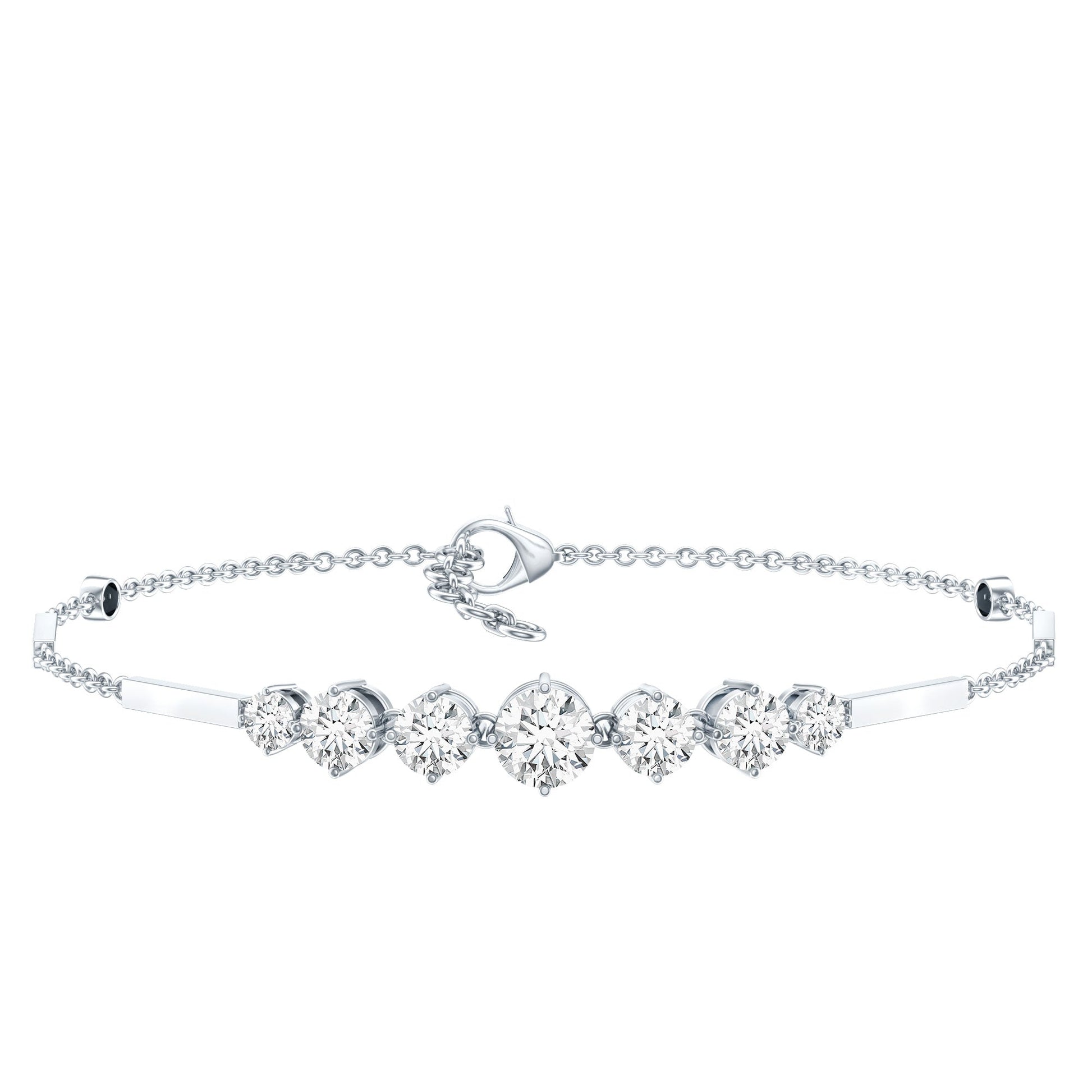 Silver bracelet with heart-shaped diamond charms on a white background
