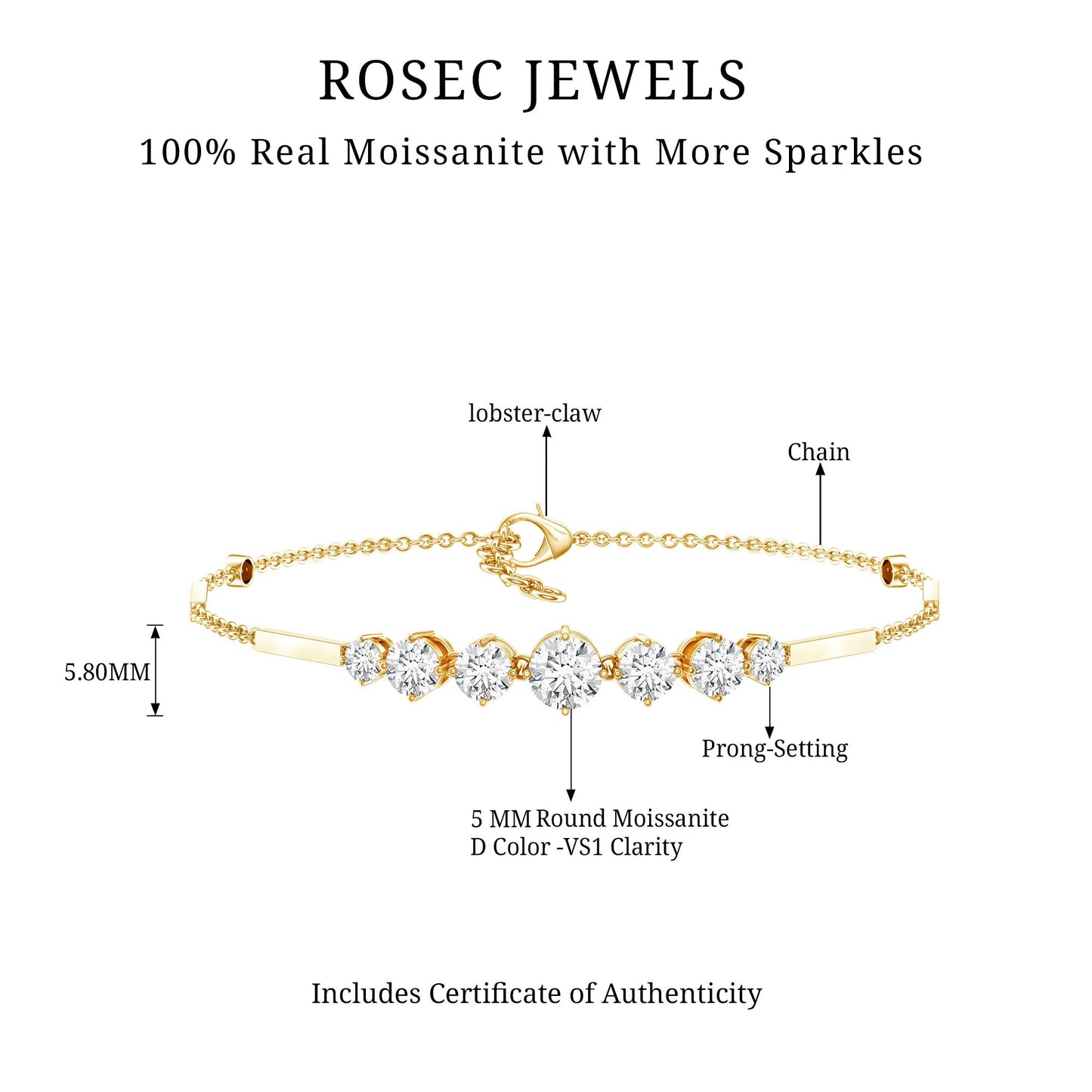 Gold bracelet with diamond-like stones labeled by ROSEC JEWELS on a white background