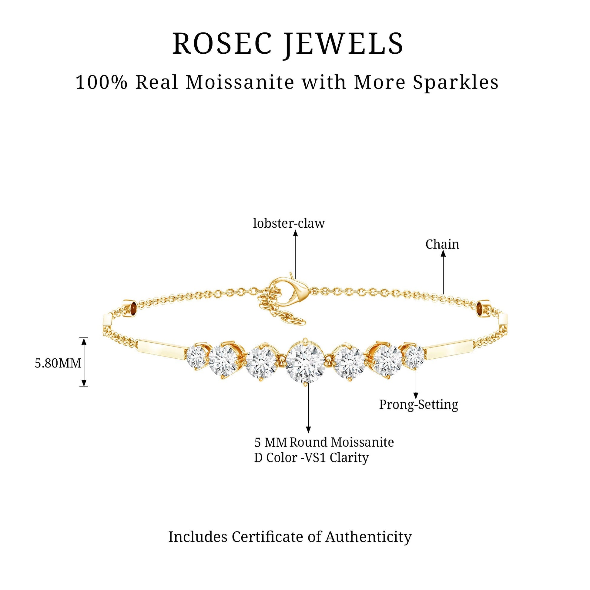 Gold bracelet with diamond-like stones labeled by ROSEC JEWELS on a white background