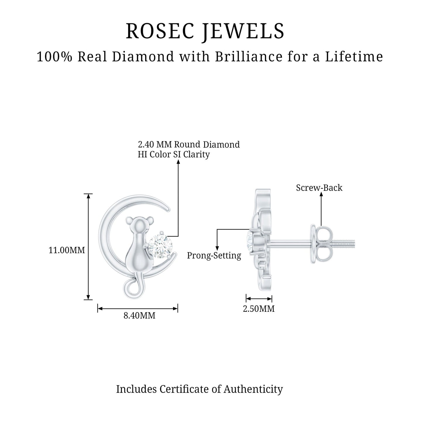 Diamond Cat Moon Stud Earrings for Women