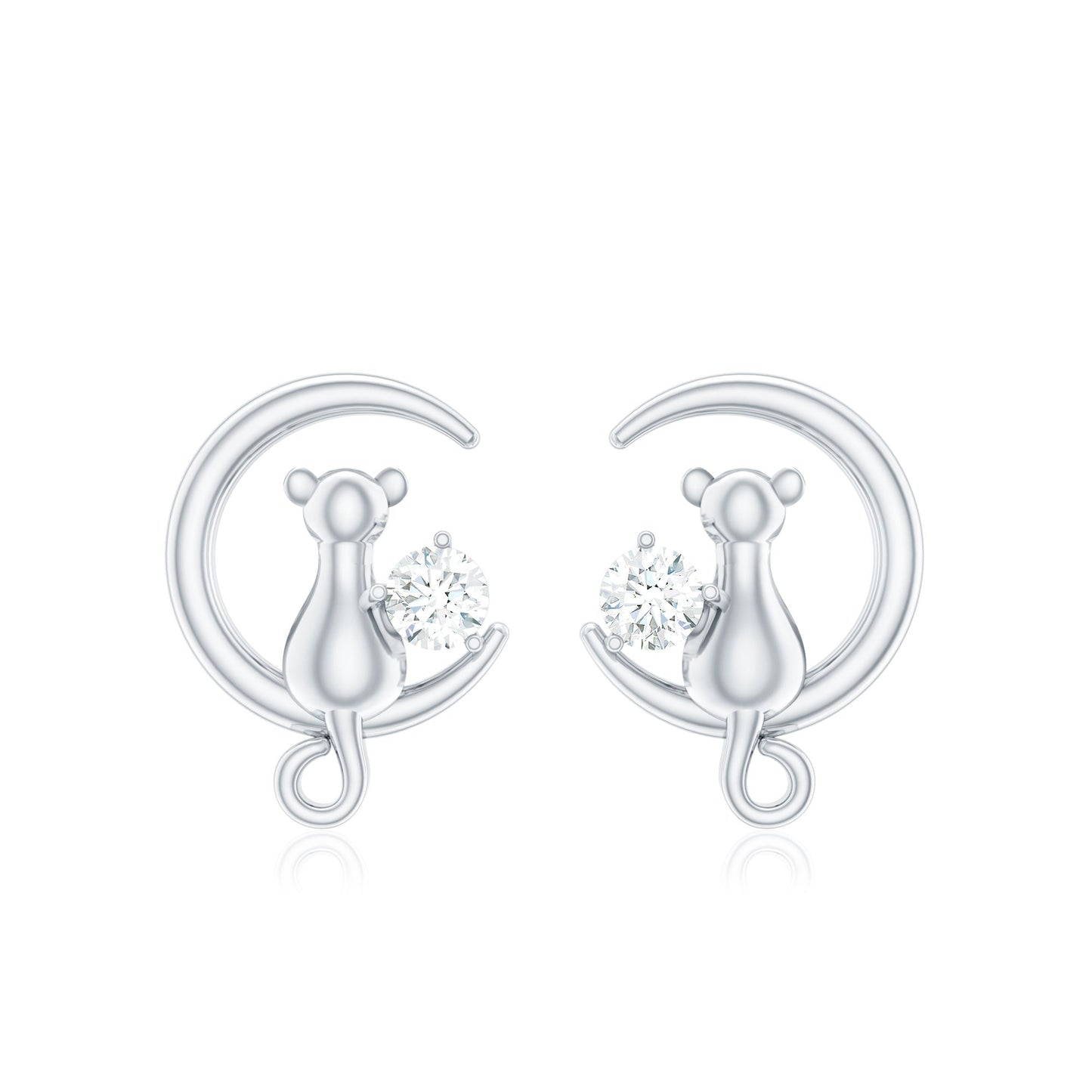 Diamond Cat Moon Stud Earrings for Women