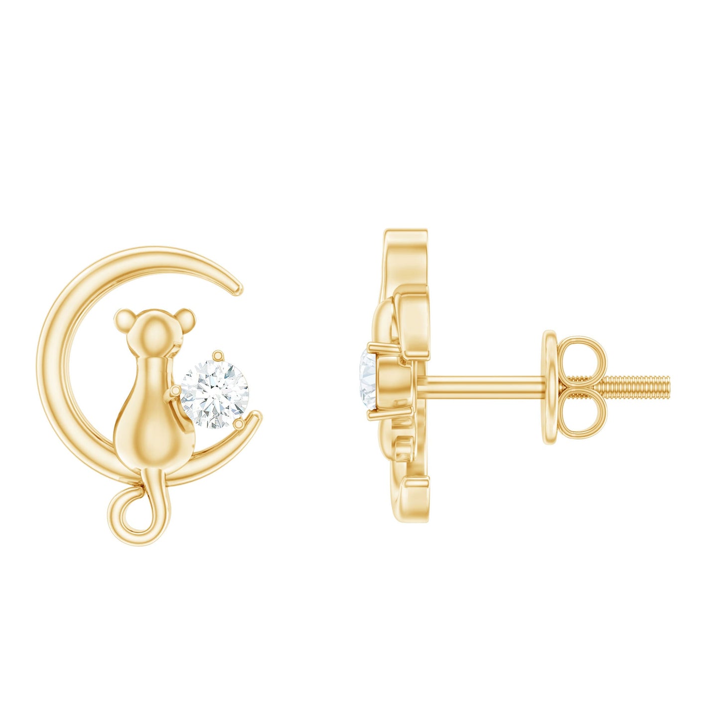 Diamond Cat Moon Stud Earrings for Women