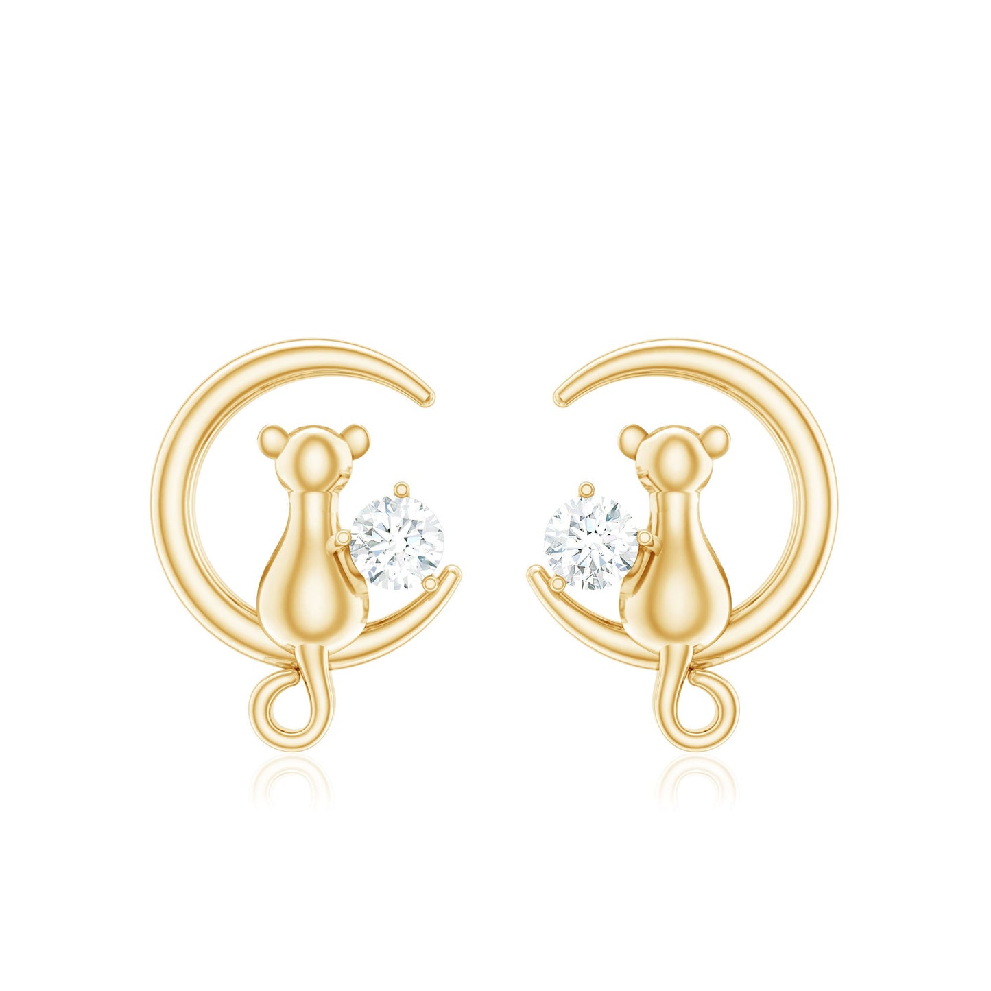 Diamond Cat Moon Stud Earrings for Women