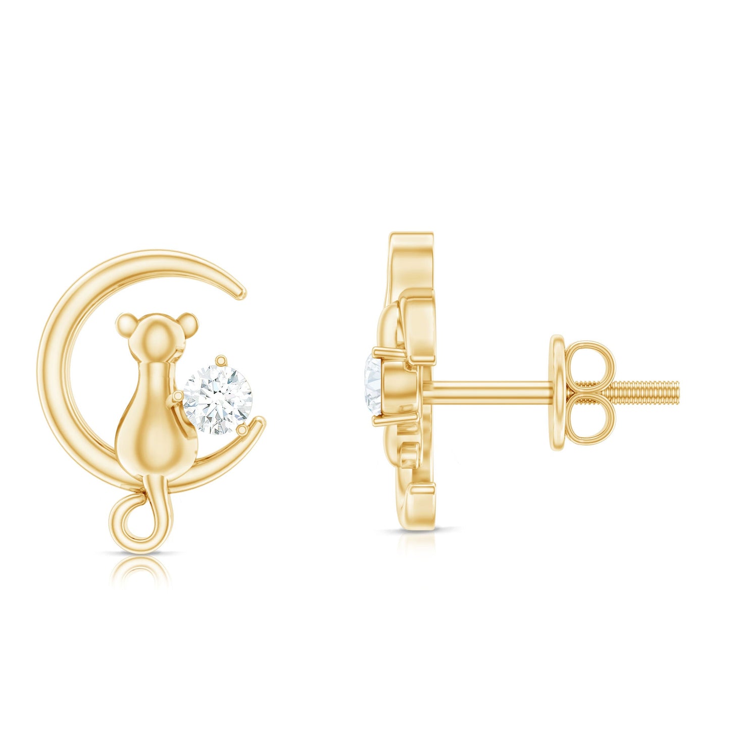 Diamond Cat Moon Stud Earrings for Women