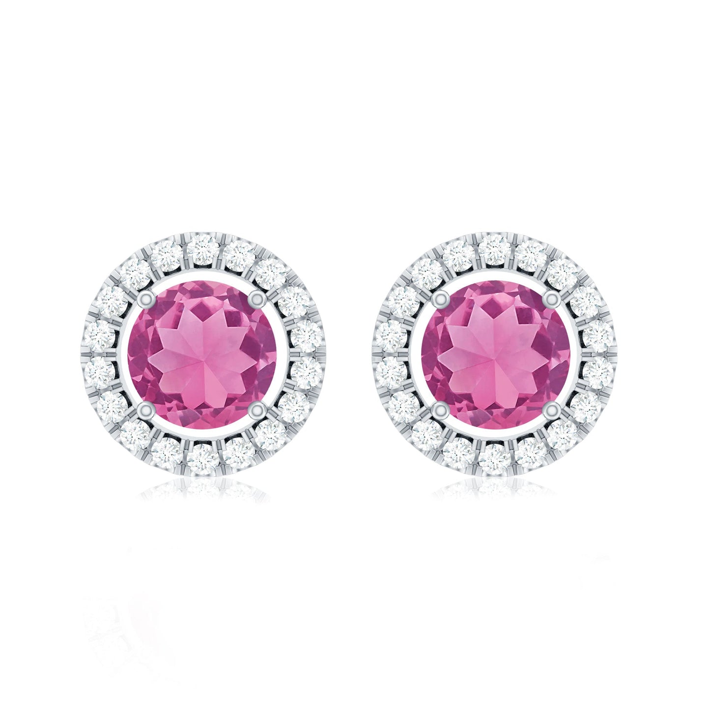 Natural Pink Tourmaline and Diamond Halo Stud Earrings