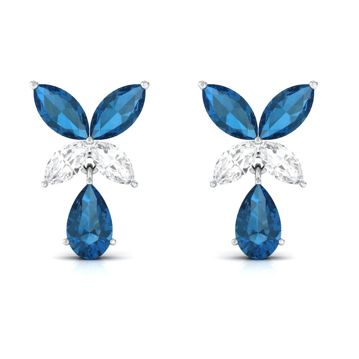 London Blue Topaz and Moissanite Flower Drop Earrings