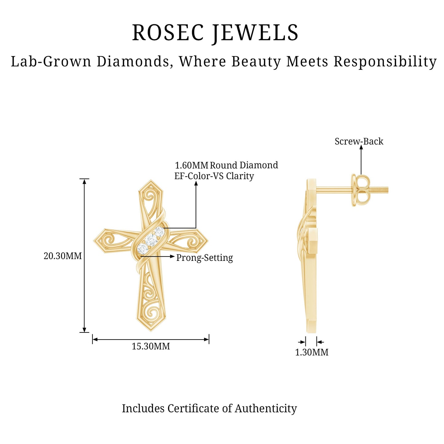 Certified Lab Grown Diamond Cross Art Deco Stud Earrings