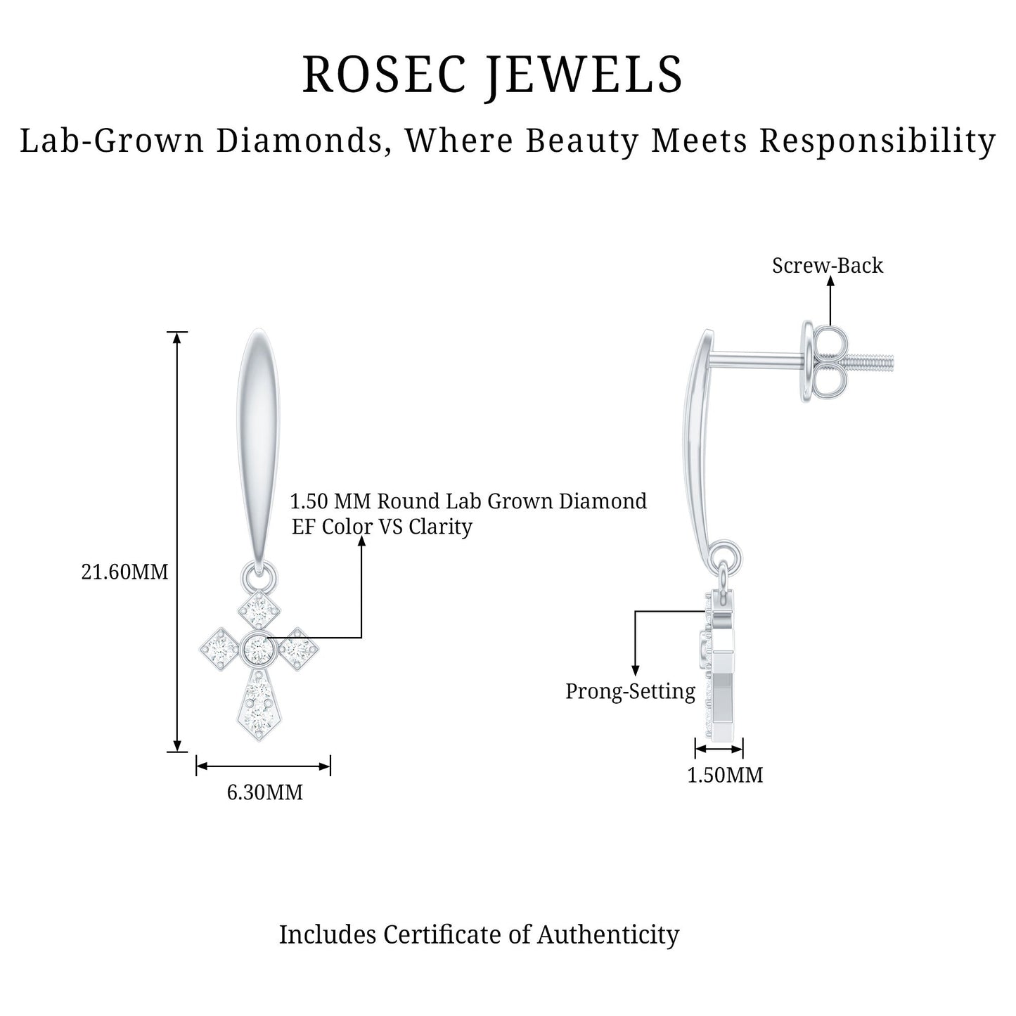 Lab Grown Diamond Cross Drop Earrings With Screw Back