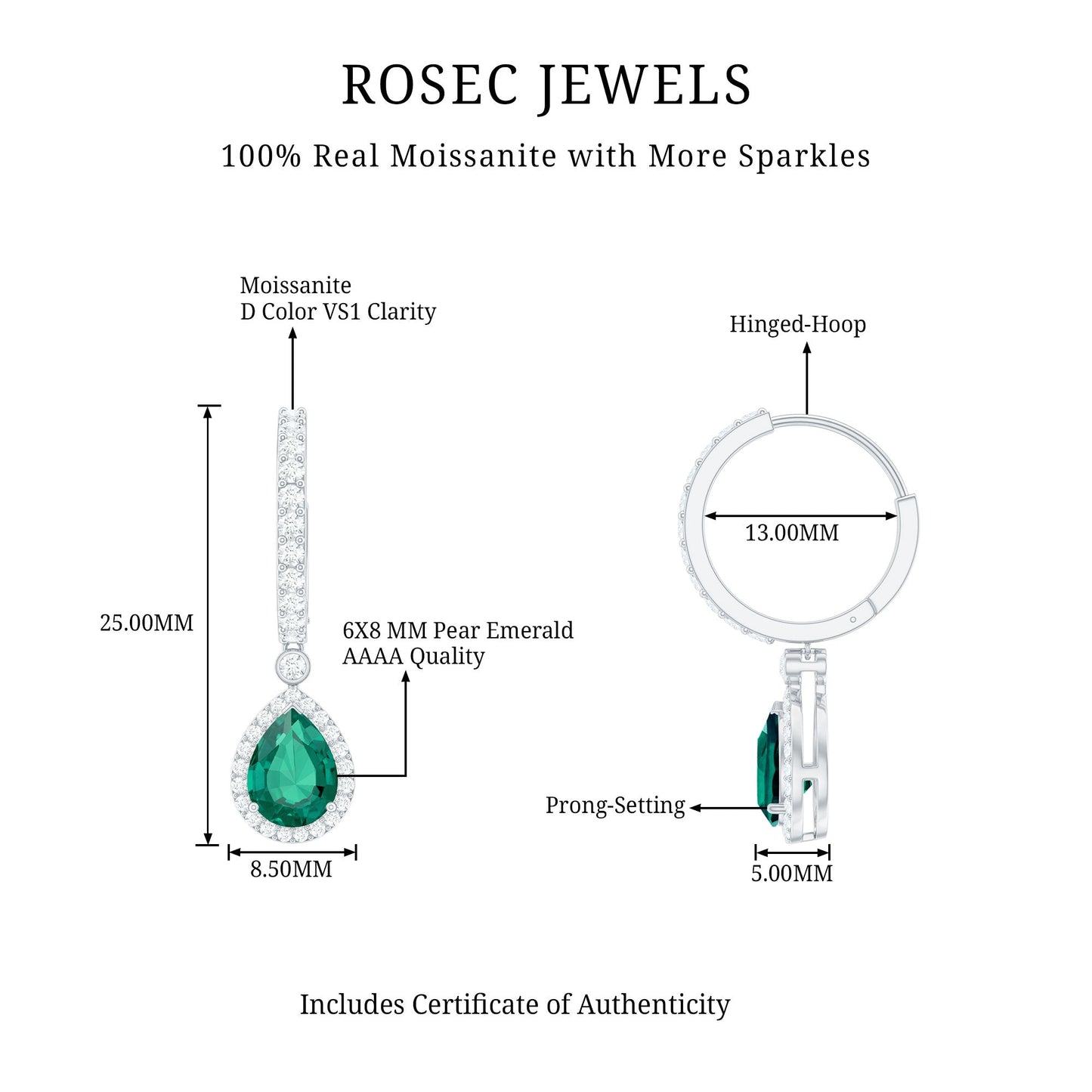 Lab Grown Emerald Hoop Drop Earrings With Moissanite Halo