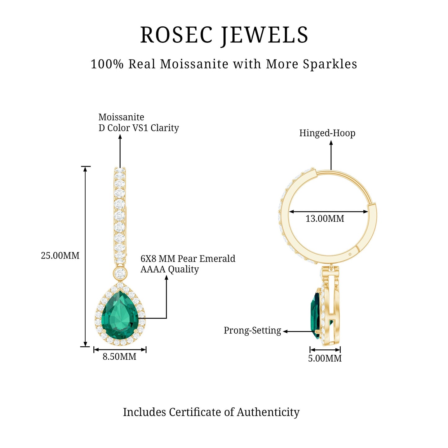 Lab Grown Emerald Hoop Drop Earrings With Moissanite Halo