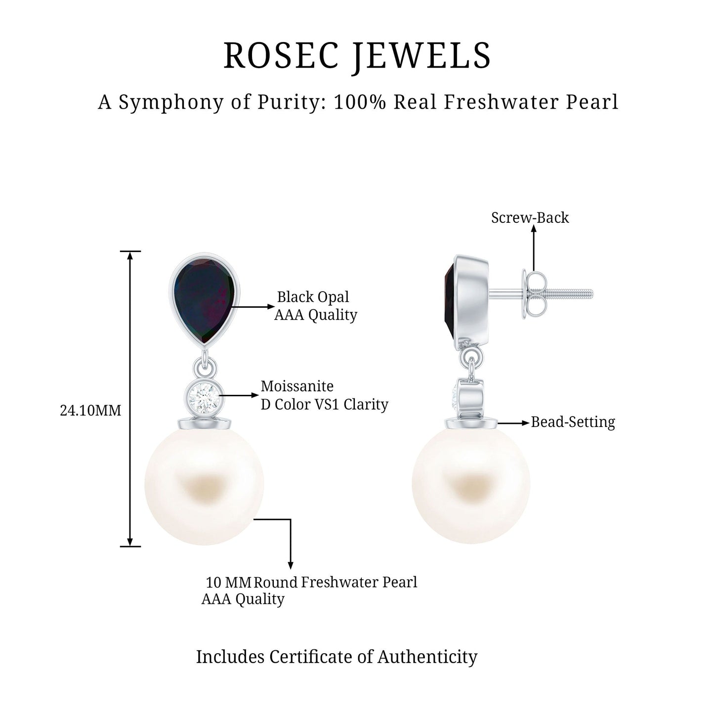 Freshwater Pearl Drop Earrings with Black Opal and Moissanite