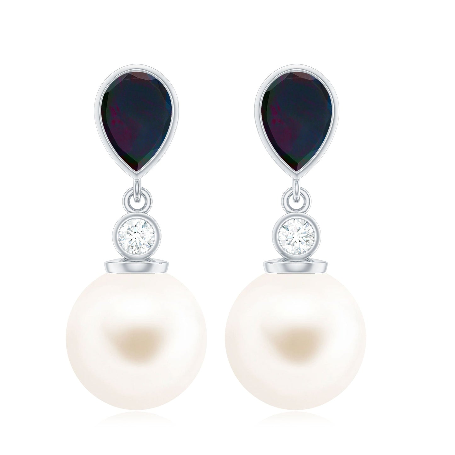 Freshwater Pearl Drop Earrings with Black Opal and Moissanite