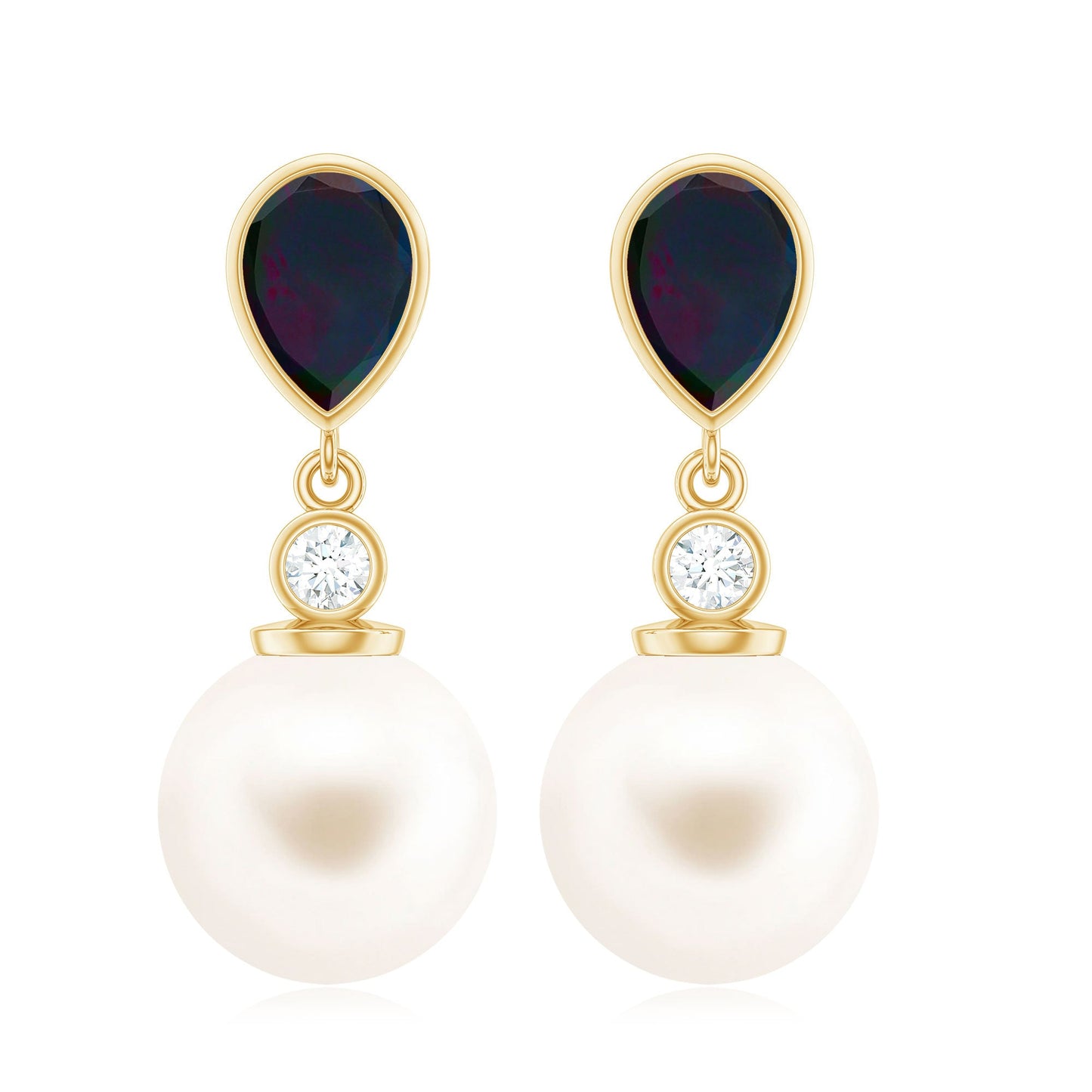 Freshwater Pearl Drop Earrings with Black Opal and Moissanite