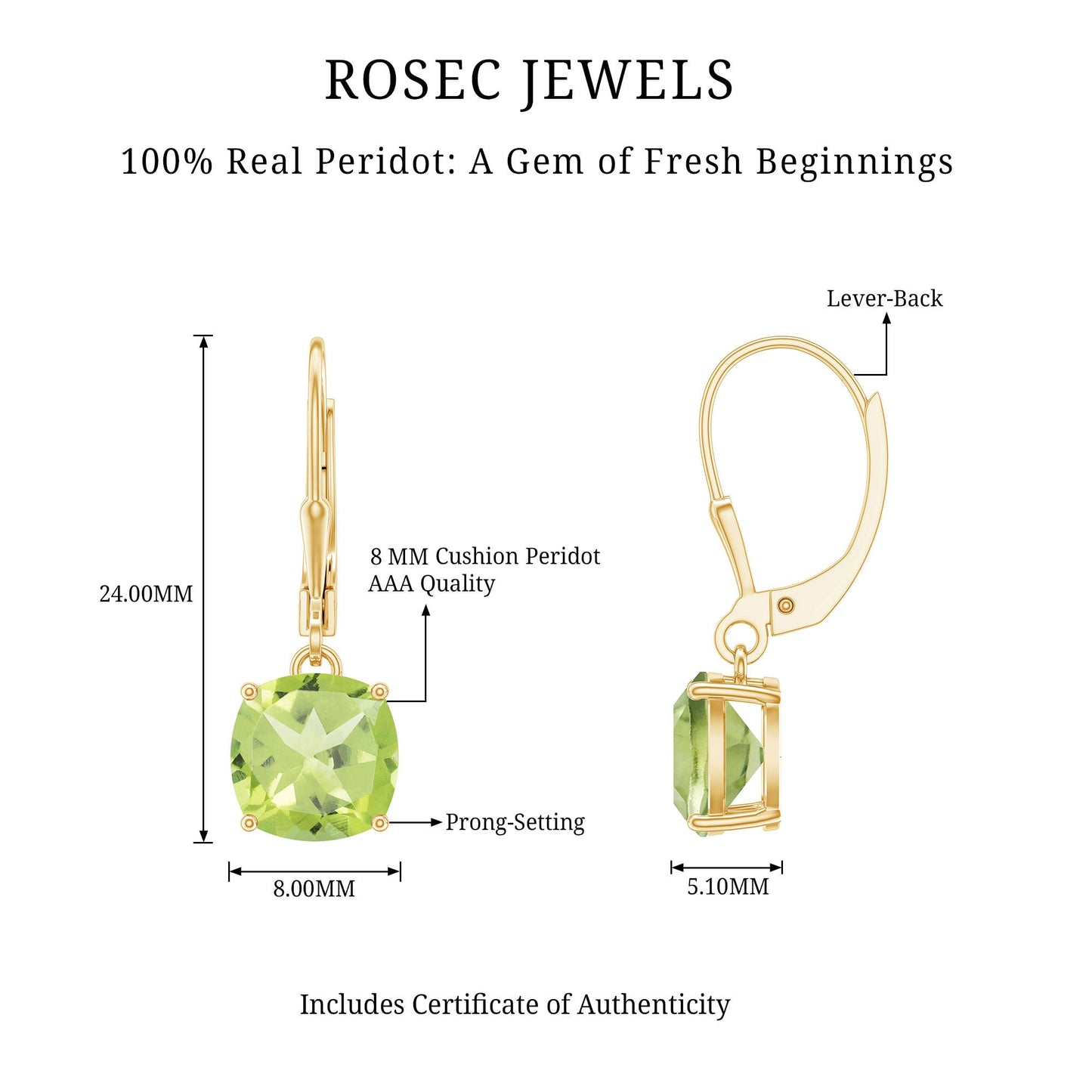 4 Carat Cushion Cut Peridot Solitaire Drop Earrings with Leverback