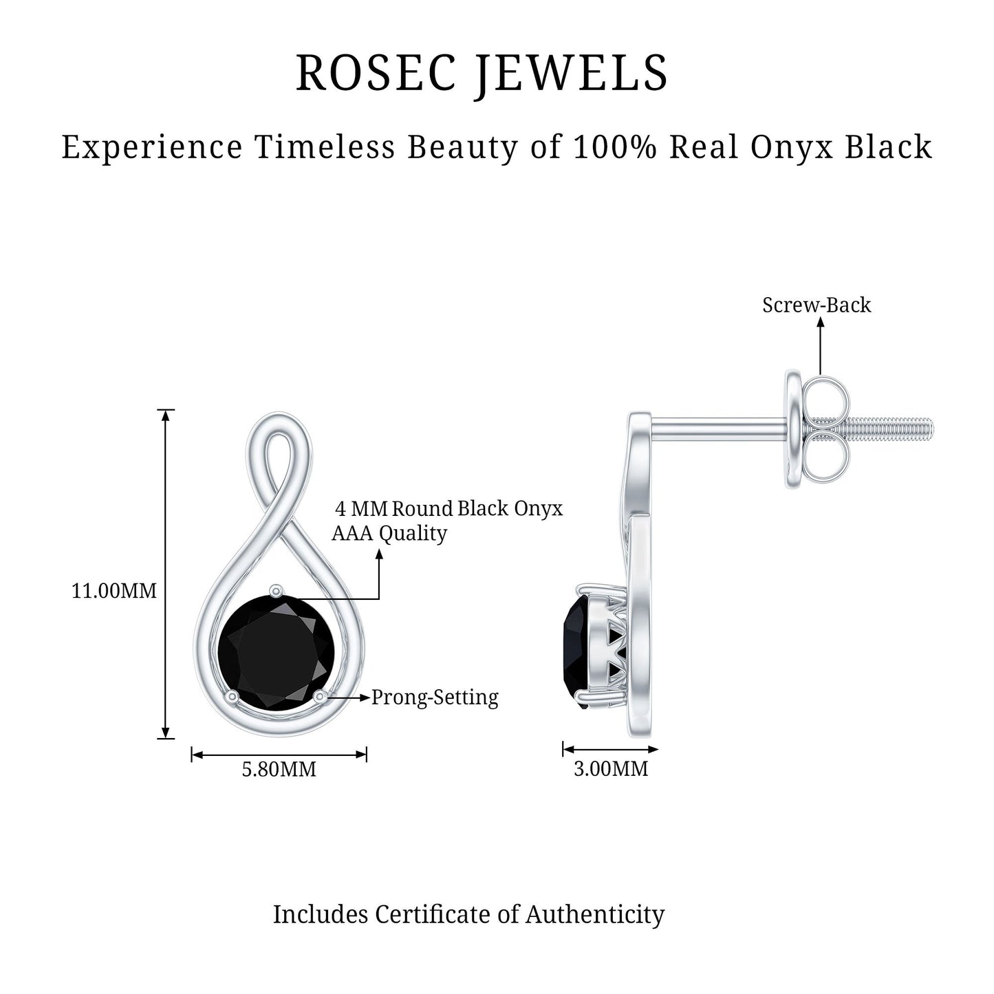 Certified Natural Black Onyx Infinity Earrings with Screw Back