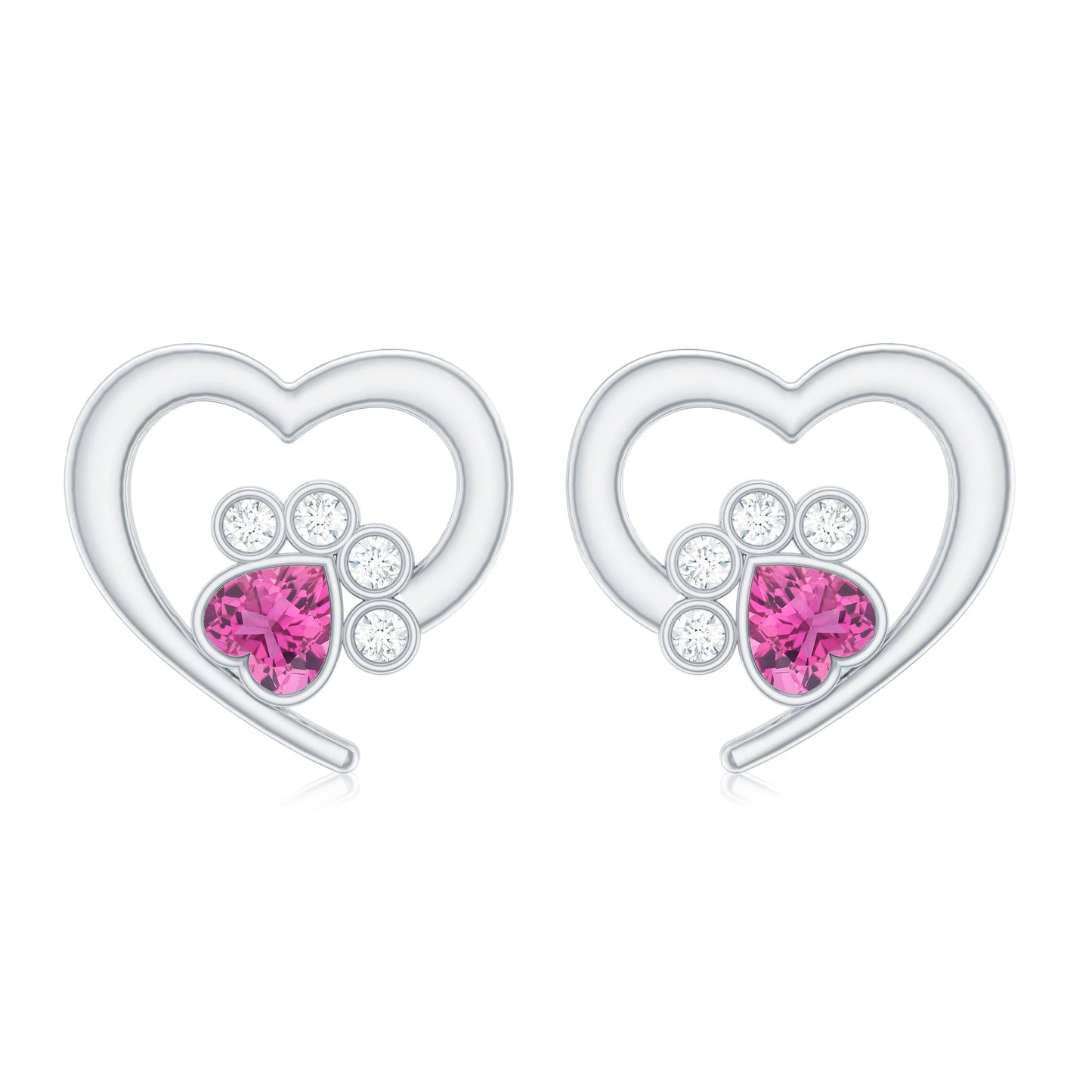 Heart Shape Pink Tourmaline and Diamond Dog Paw Stud Earrings