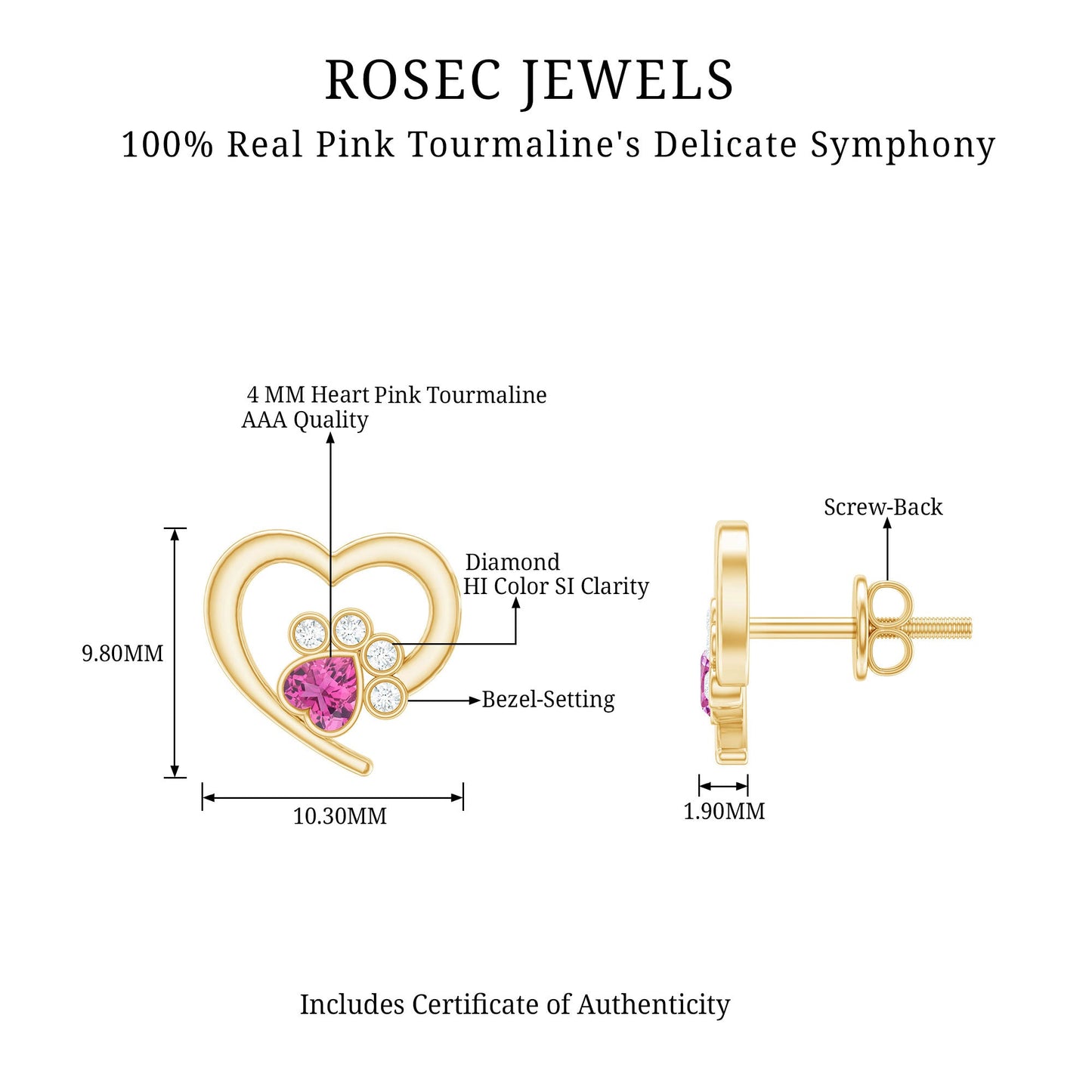 Heart Shape Pink Tourmaline and Diamond Dog Paw Stud Earrings
