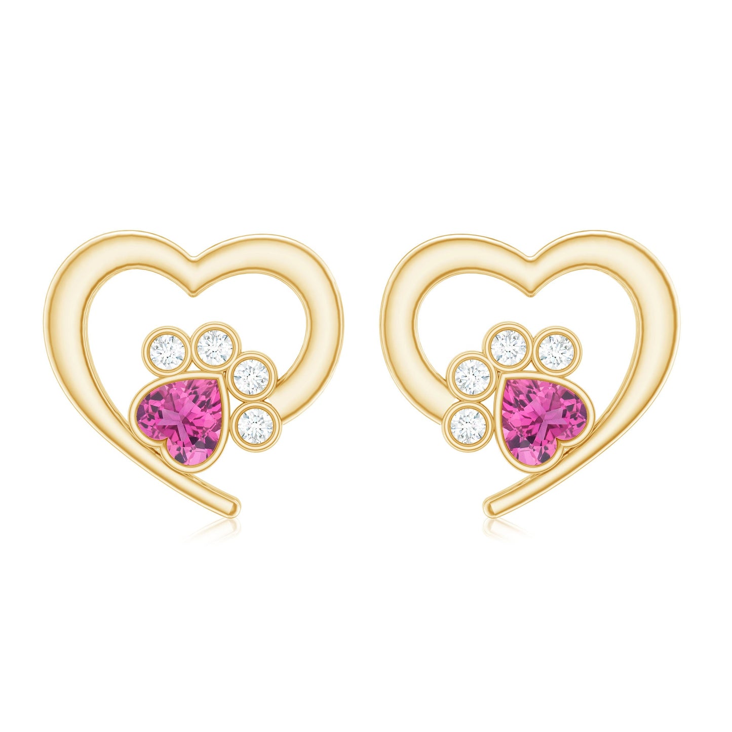 Heart Shape Pink Tourmaline and Diamond Dog Paw Stud Earrings