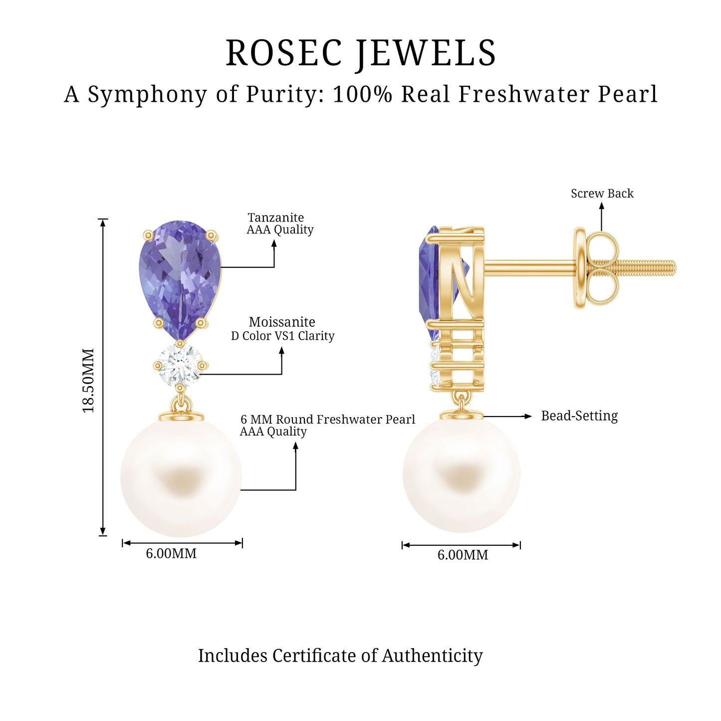 Genuine Freshwater Pearl Drop Earrings with Tanzanite