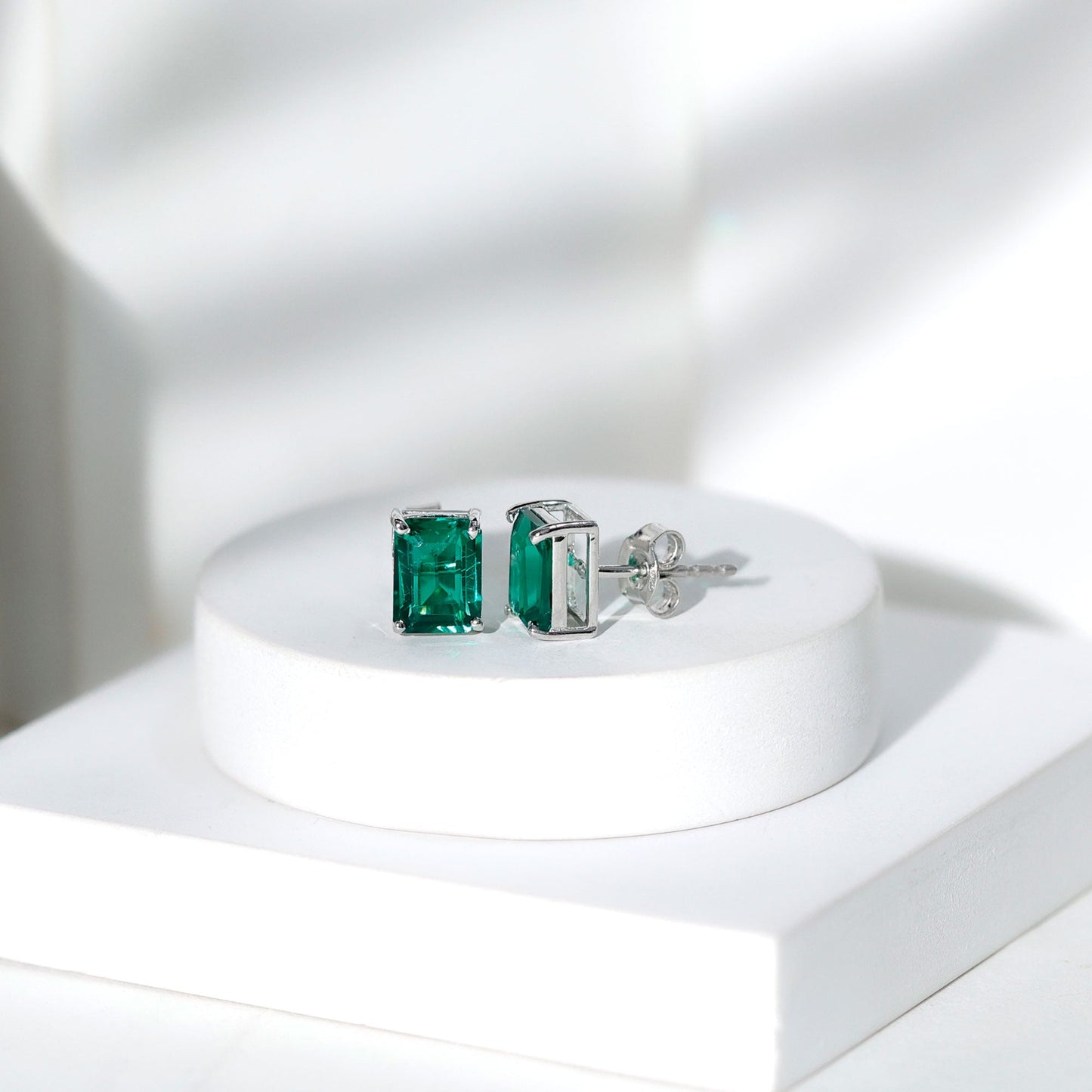 3 Carat Emerald Cut Lab Grown Emerald Solitaire Stud Earrings
