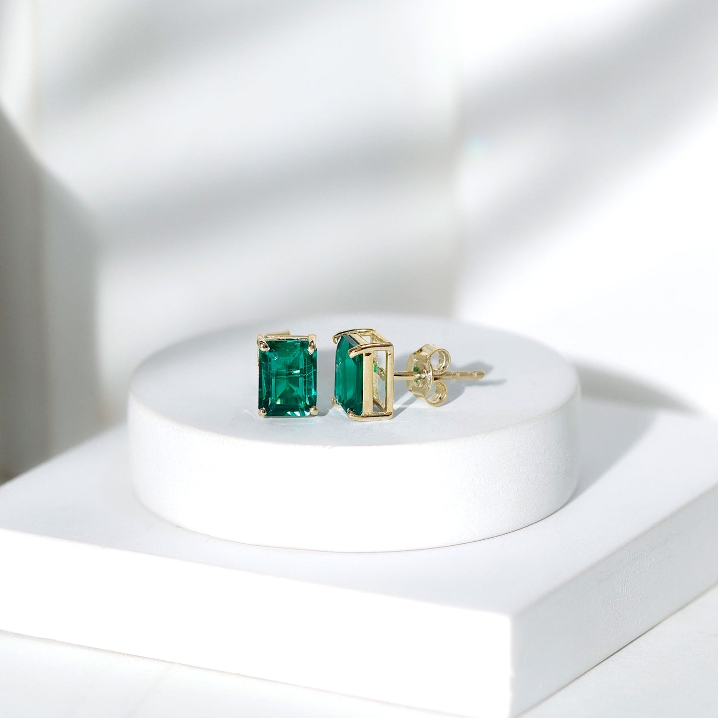 3 Carat Emerald Cut Lab Grown Emerald Solitaire Stud Earrings