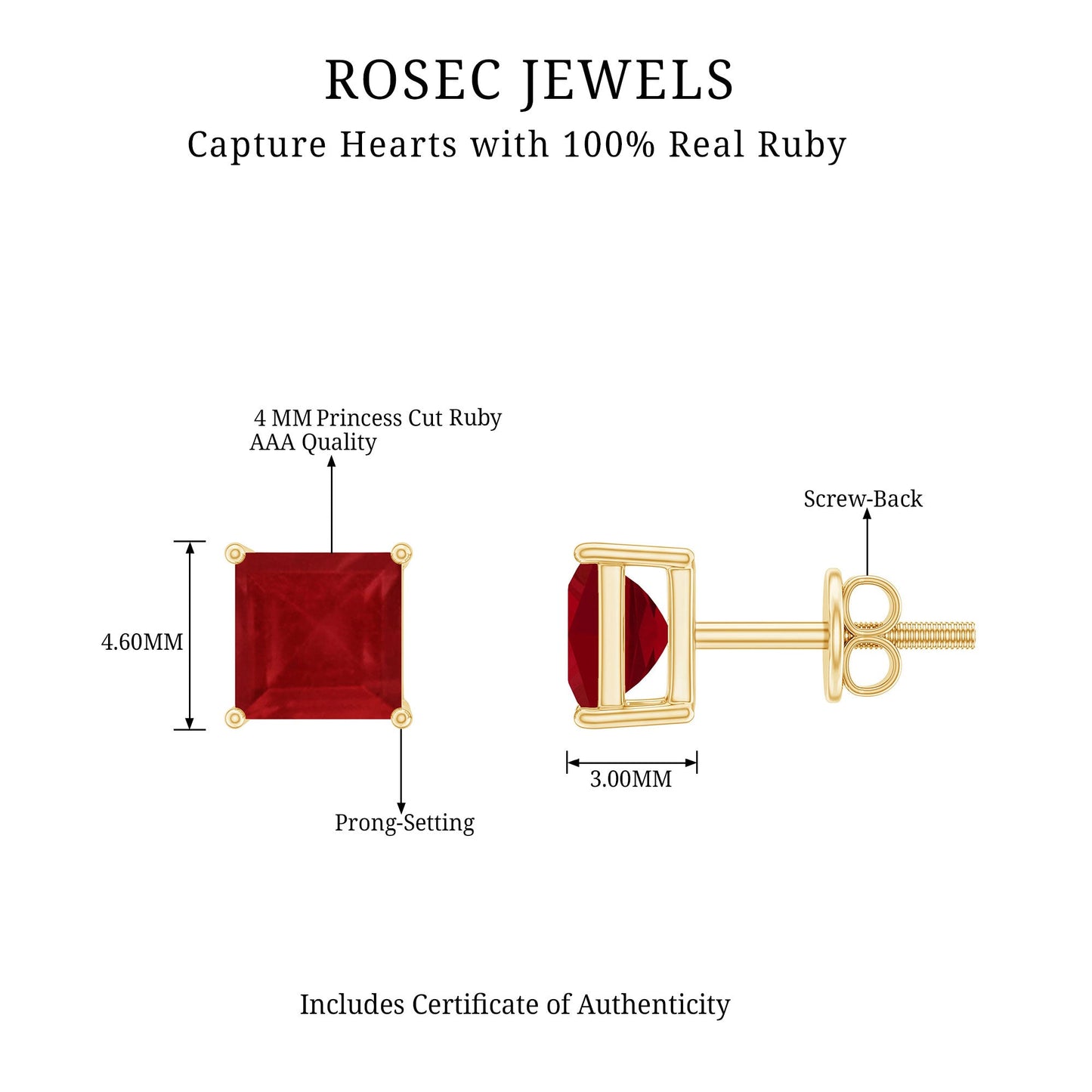 1 CT Princess Cut Ruby Solitaire Stud Earrings
