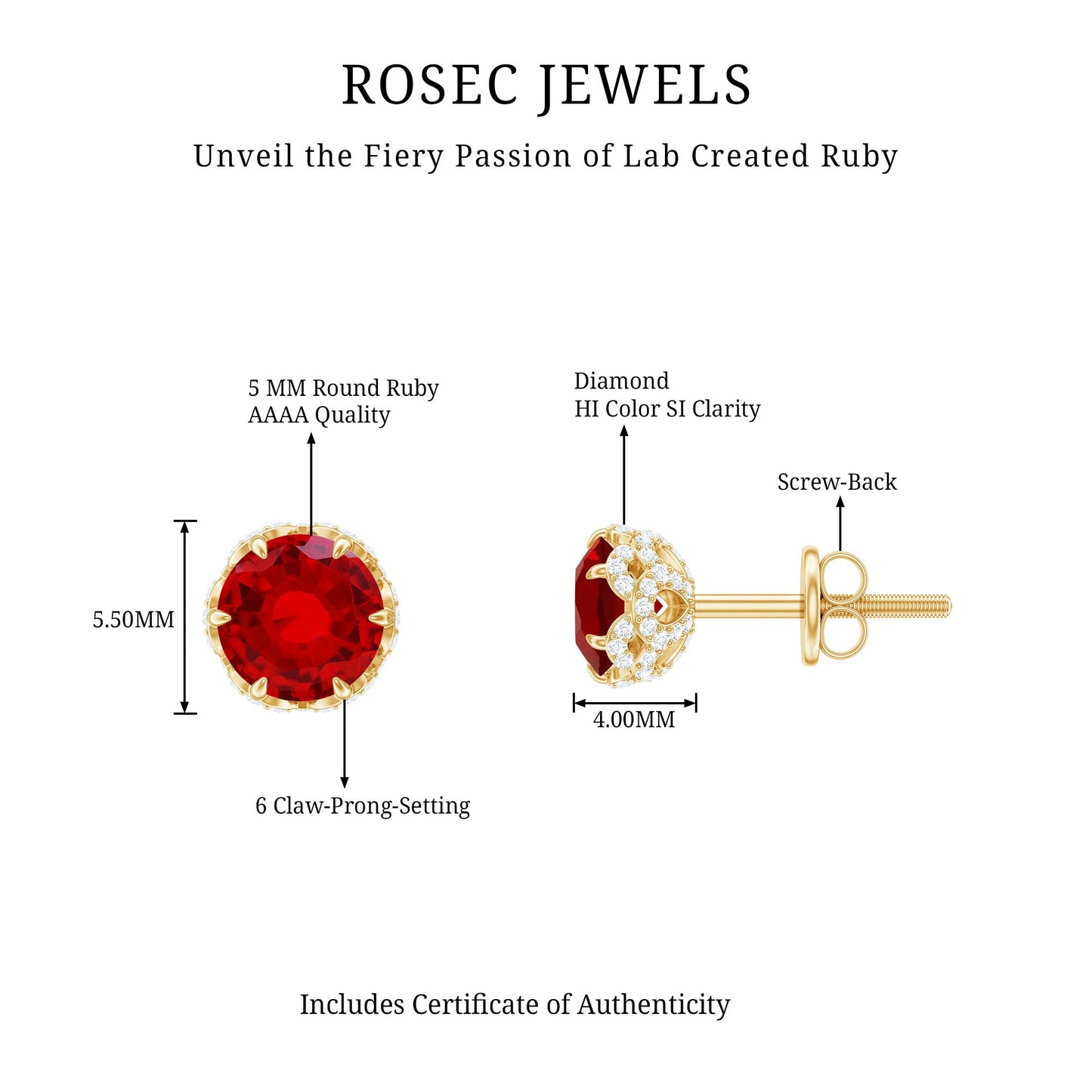 Certified Lab Grown Ruby Wedding Stud Earrings with Diamonds
