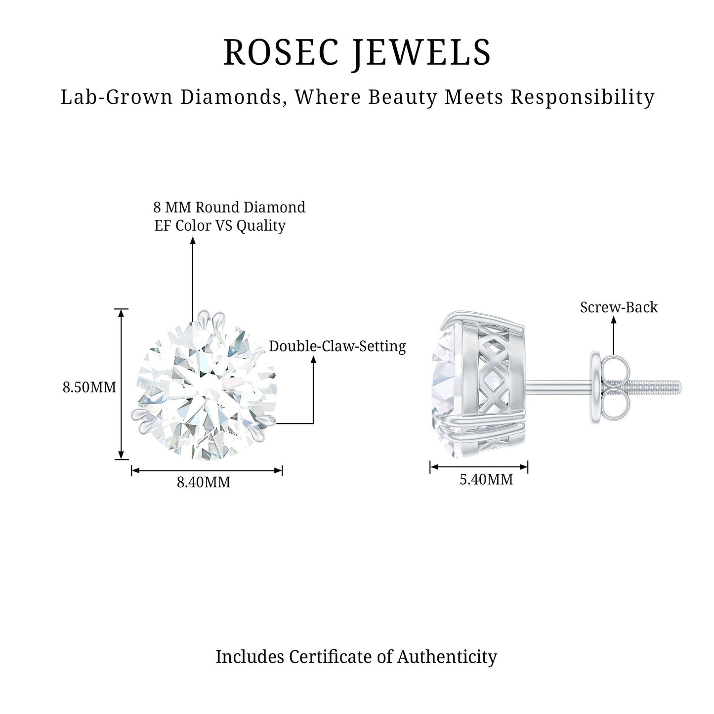 Certified 8mm Round Diamond Studs with Screw Back