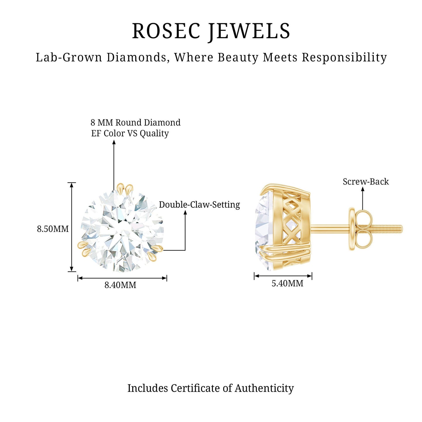 Certified 8mm Round Diamond Studs with Screw Back