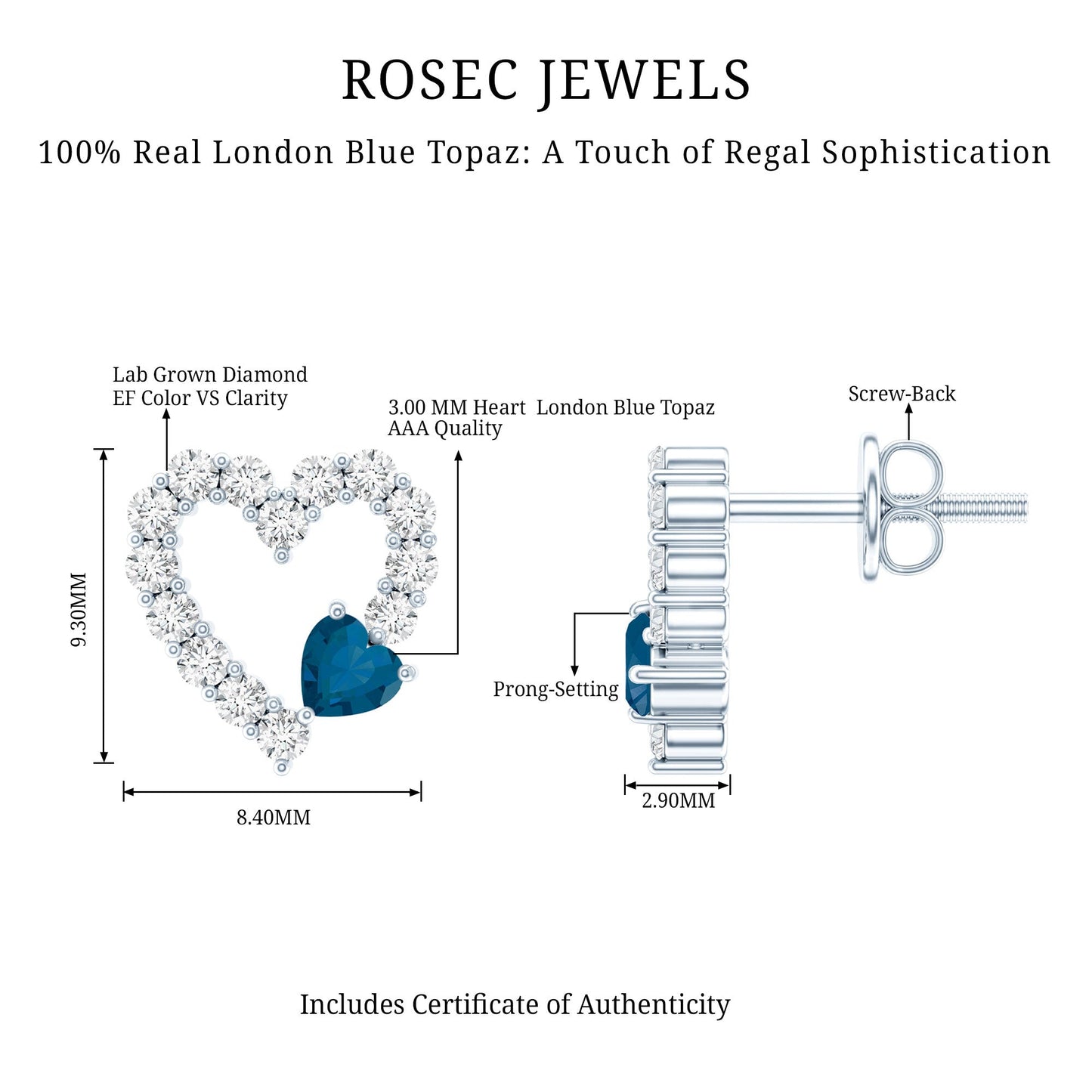 Certified London Blue Topaz and Diamond Heart Stud Earrings