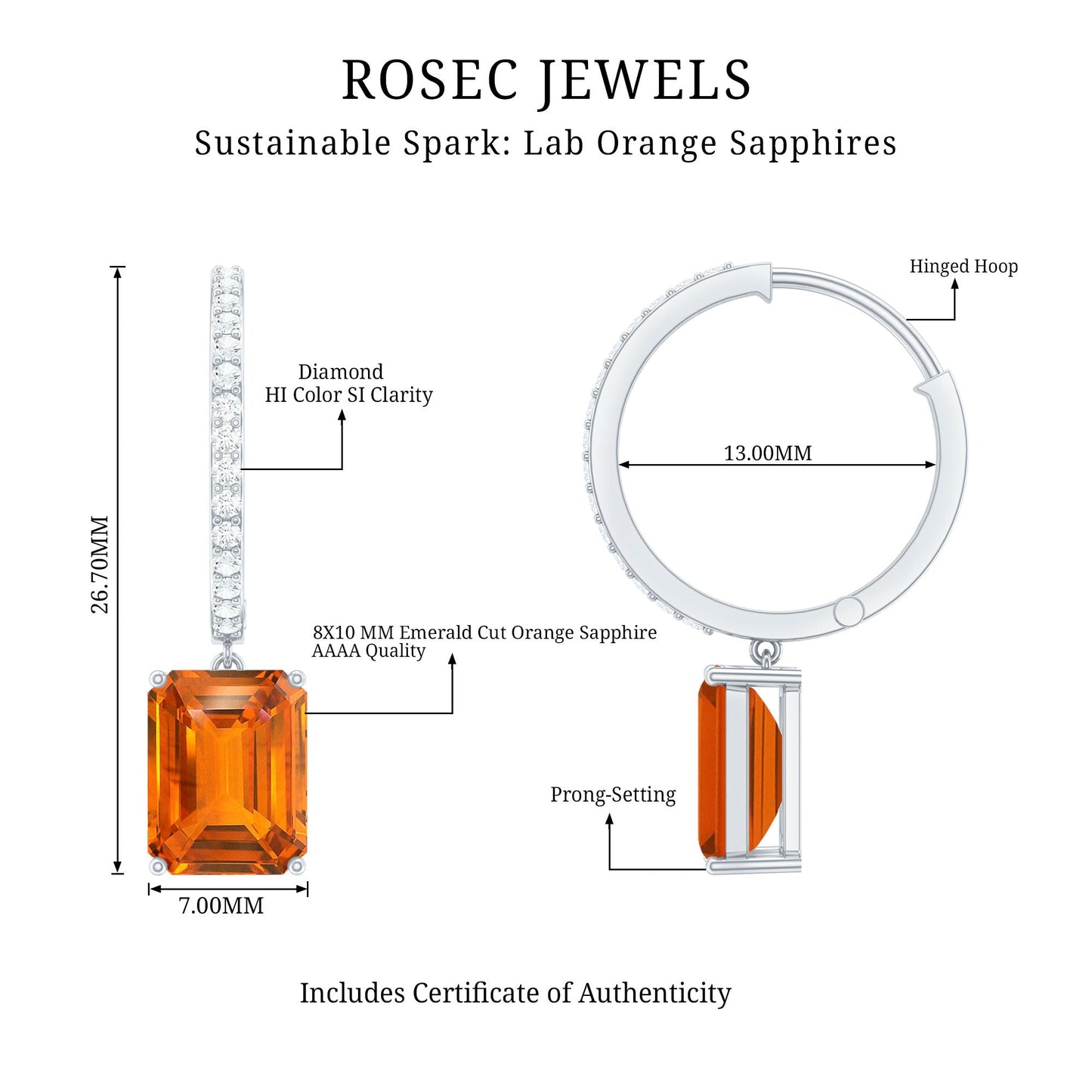 Emerald Cut Lab Grown Orange Sapphire Drop Hoop Earrings with Diamond