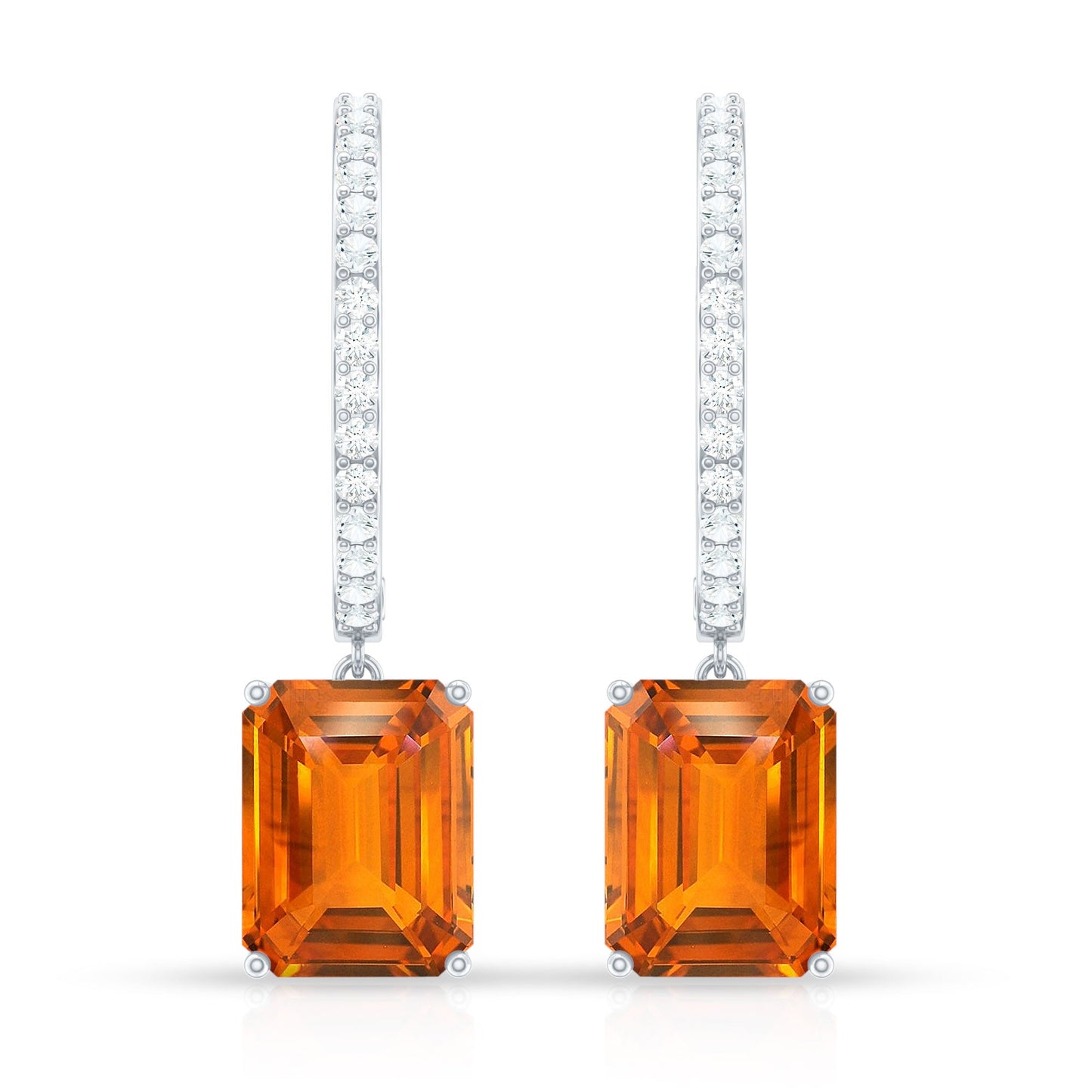 Emerald Cut Lab Grown Orange Sapphire Drop Hoop Earrings with Diamond