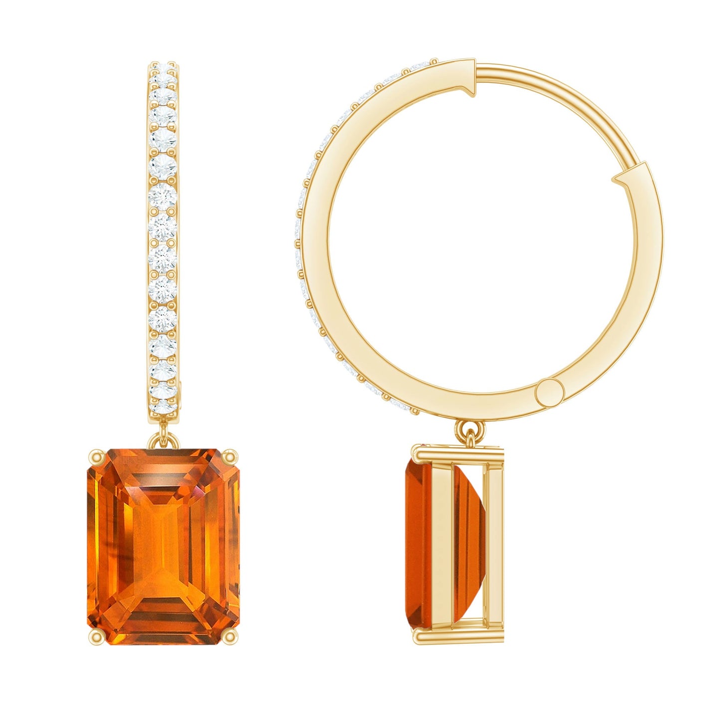 Emerald Cut Lab Grown Orange Sapphire Drop Hoop Earrings with Diamond