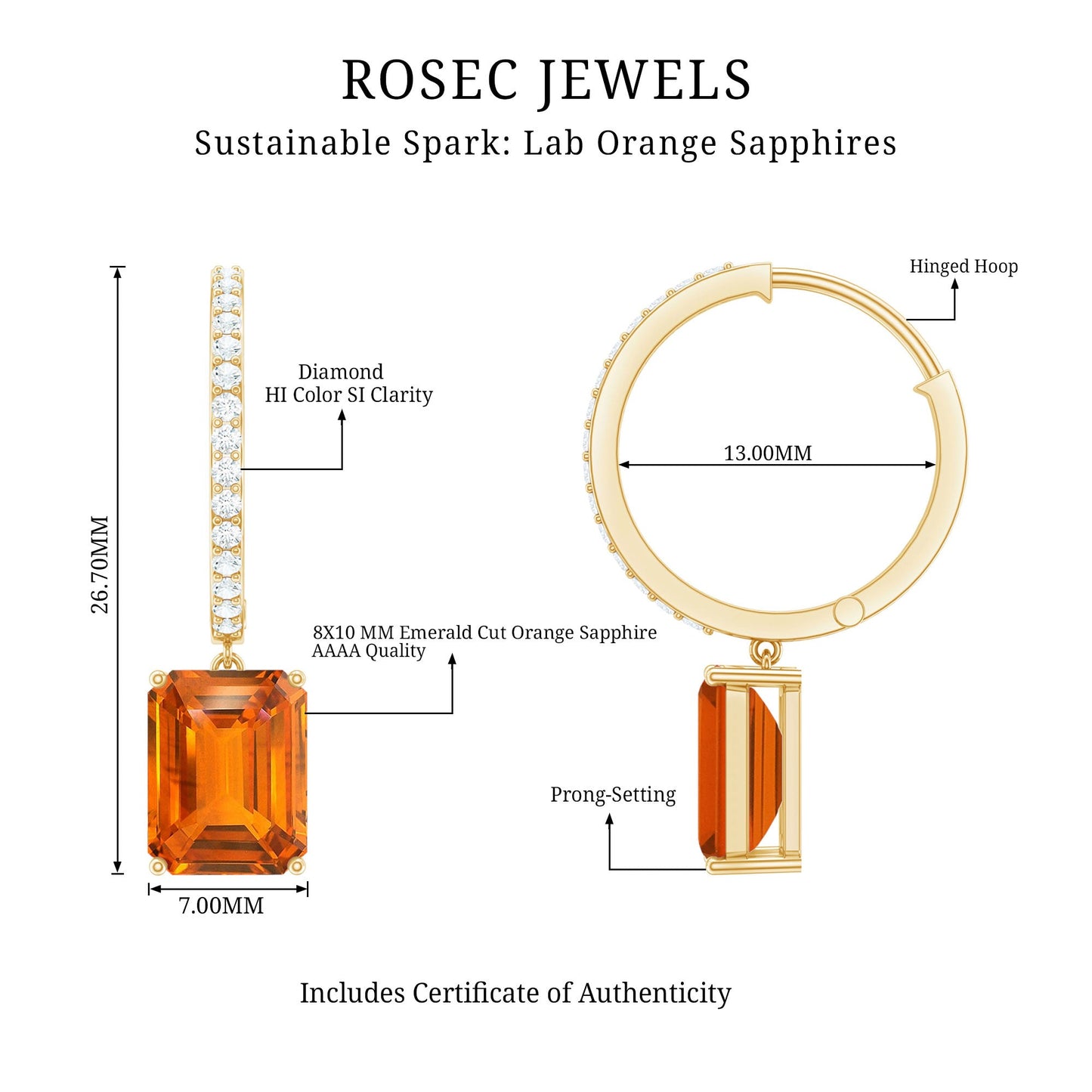 Emerald Cut Lab Grown Orange Sapphire Drop Hoop Earrings with Diamond