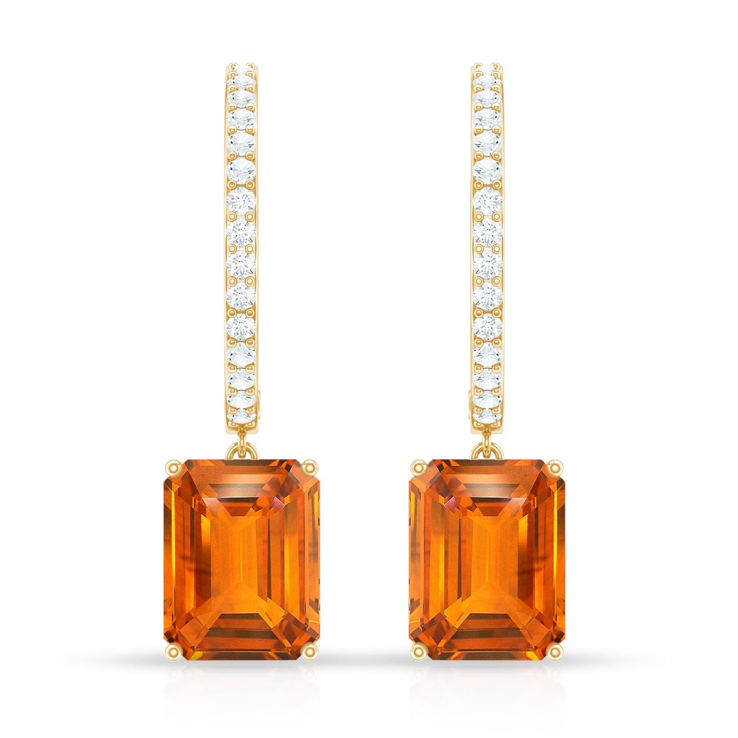 Emerald Cut Lab Grown Orange Sapphire Drop Hoop Earrings with Diamond