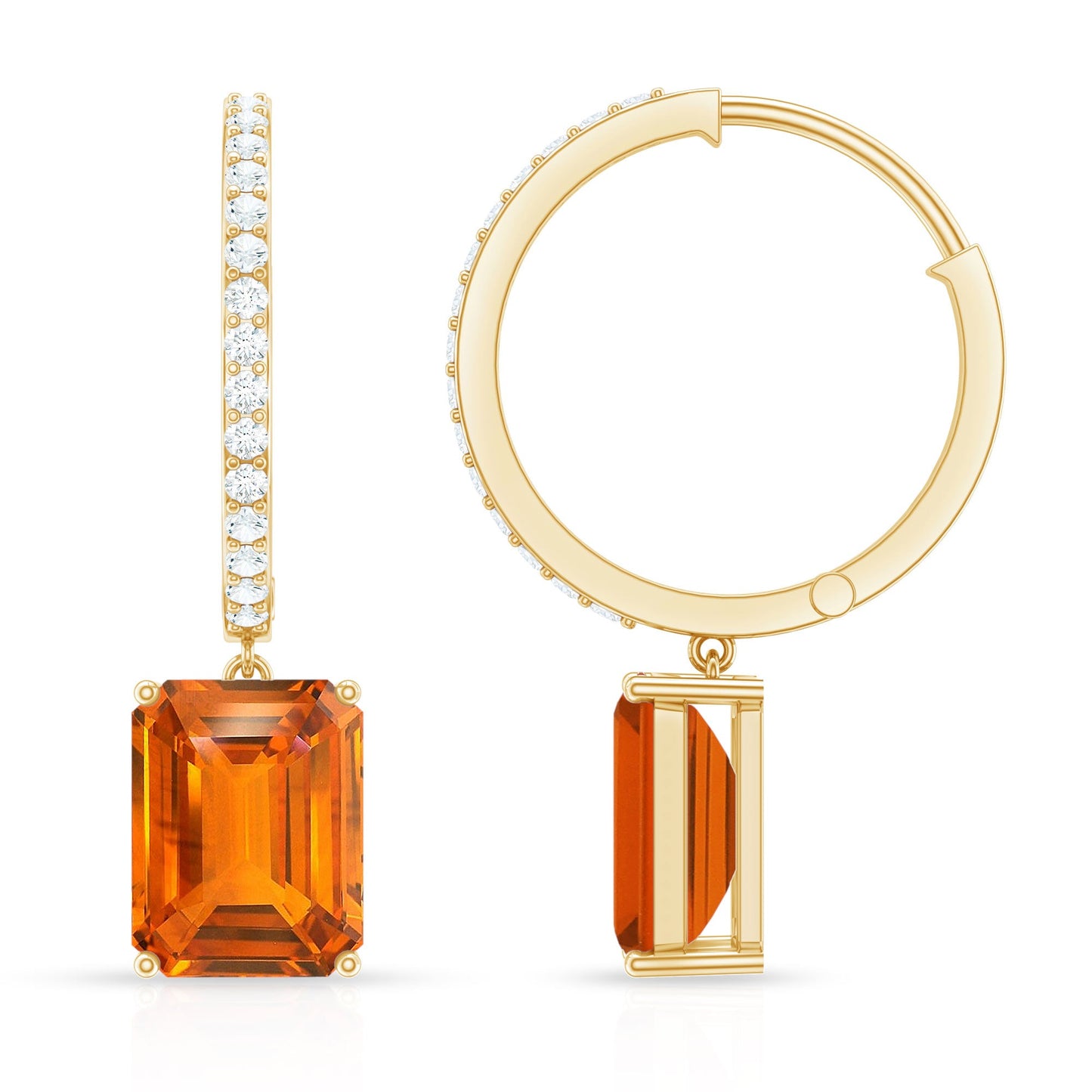 Emerald Cut Lab Grown Orange Sapphire Drop Hoop Earrings with Diamond