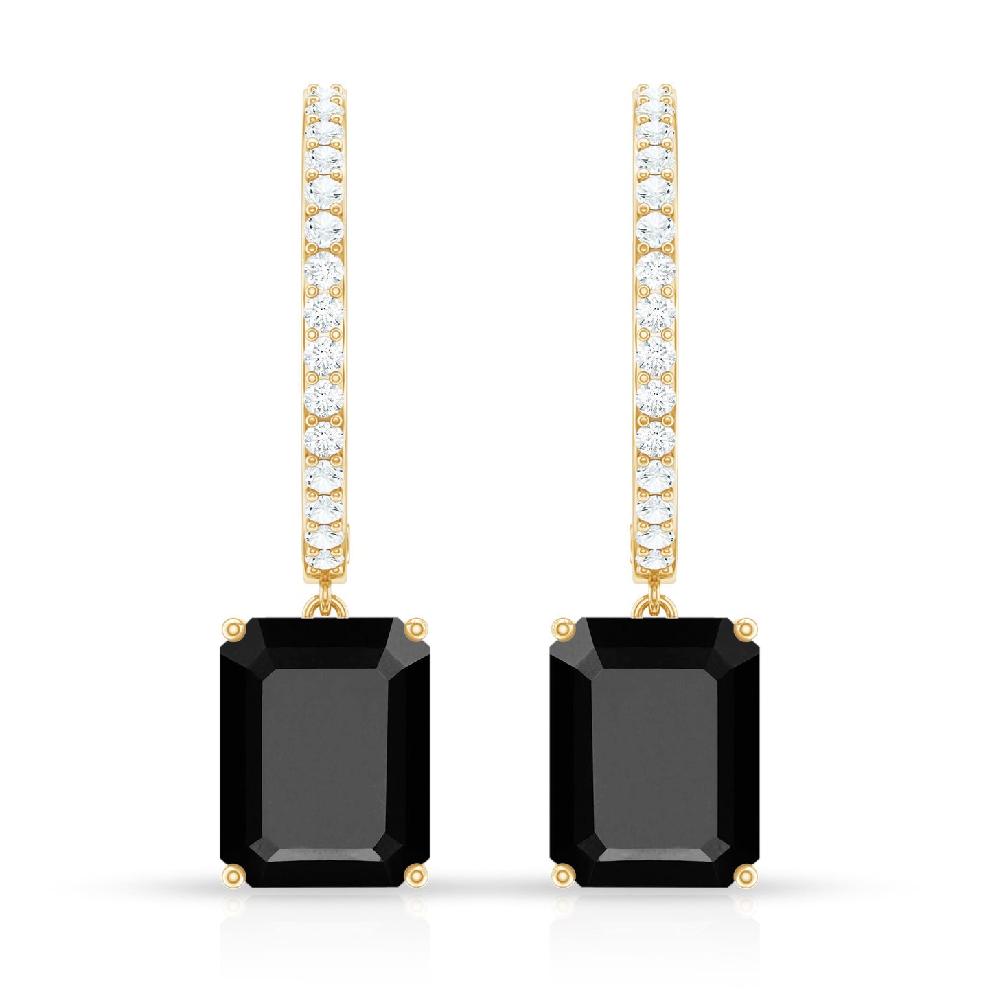 Natural 7X9mm Emerald Cut Black Onyx Hoop Drop Earrings with Diamond