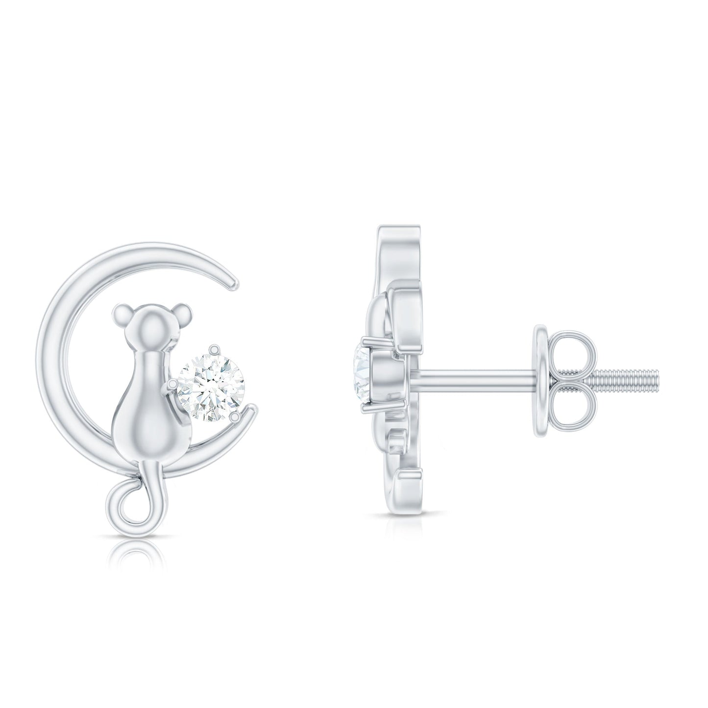 Diamond Cat Moon Stud Earrings for Women