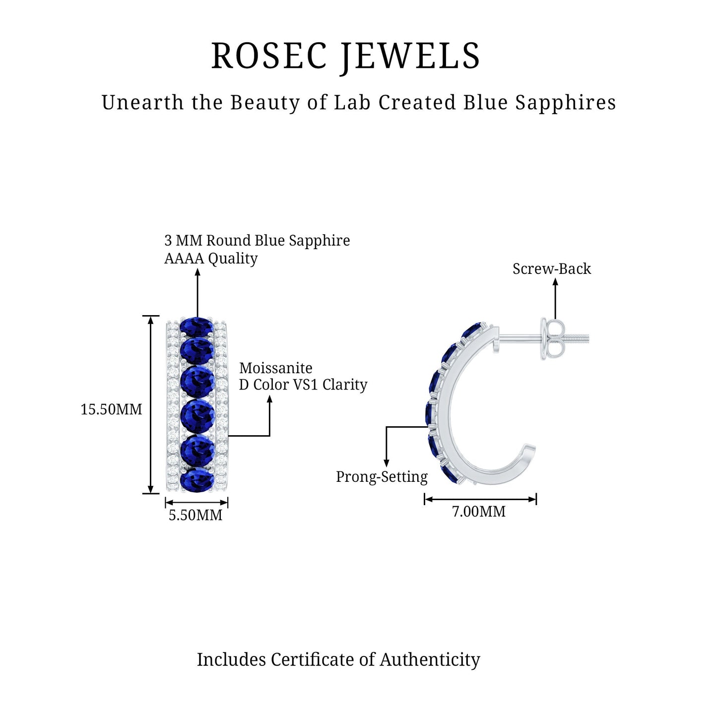 Certified Lab Created Blue Sapphire Hoop Earrings With Moissanite