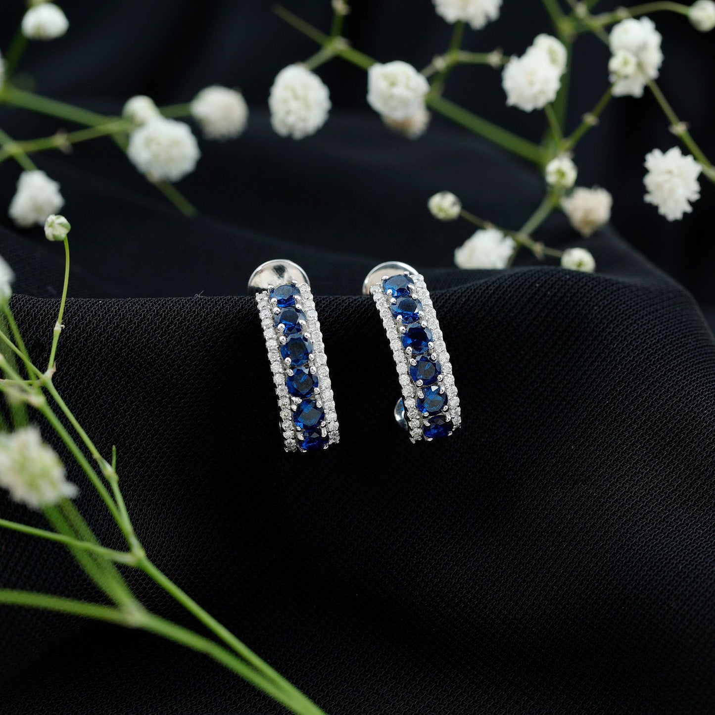 Certified Lab Created Blue Sapphire Hoop Earrings With Moissanite