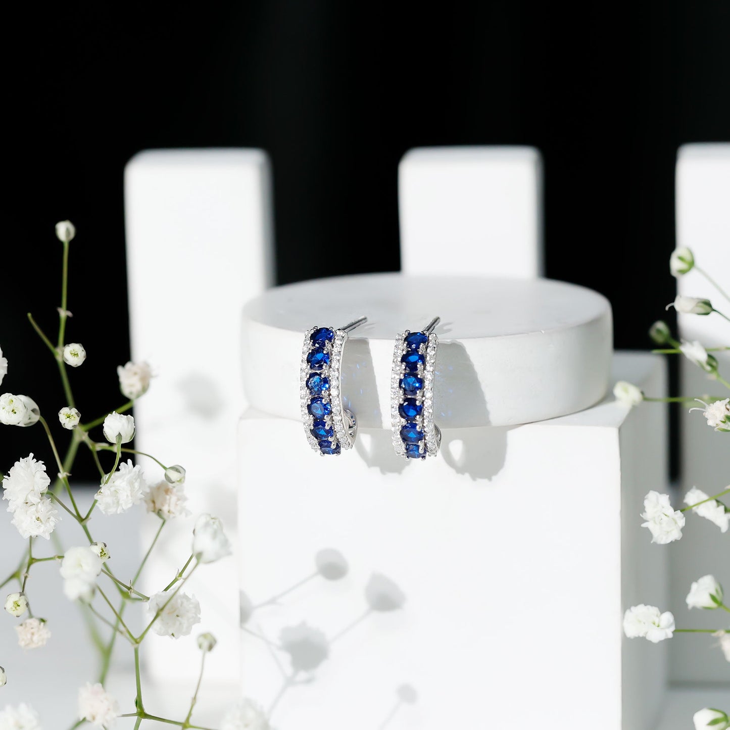 Certified Lab Created Blue Sapphire Hoop Earrings With Moissanite